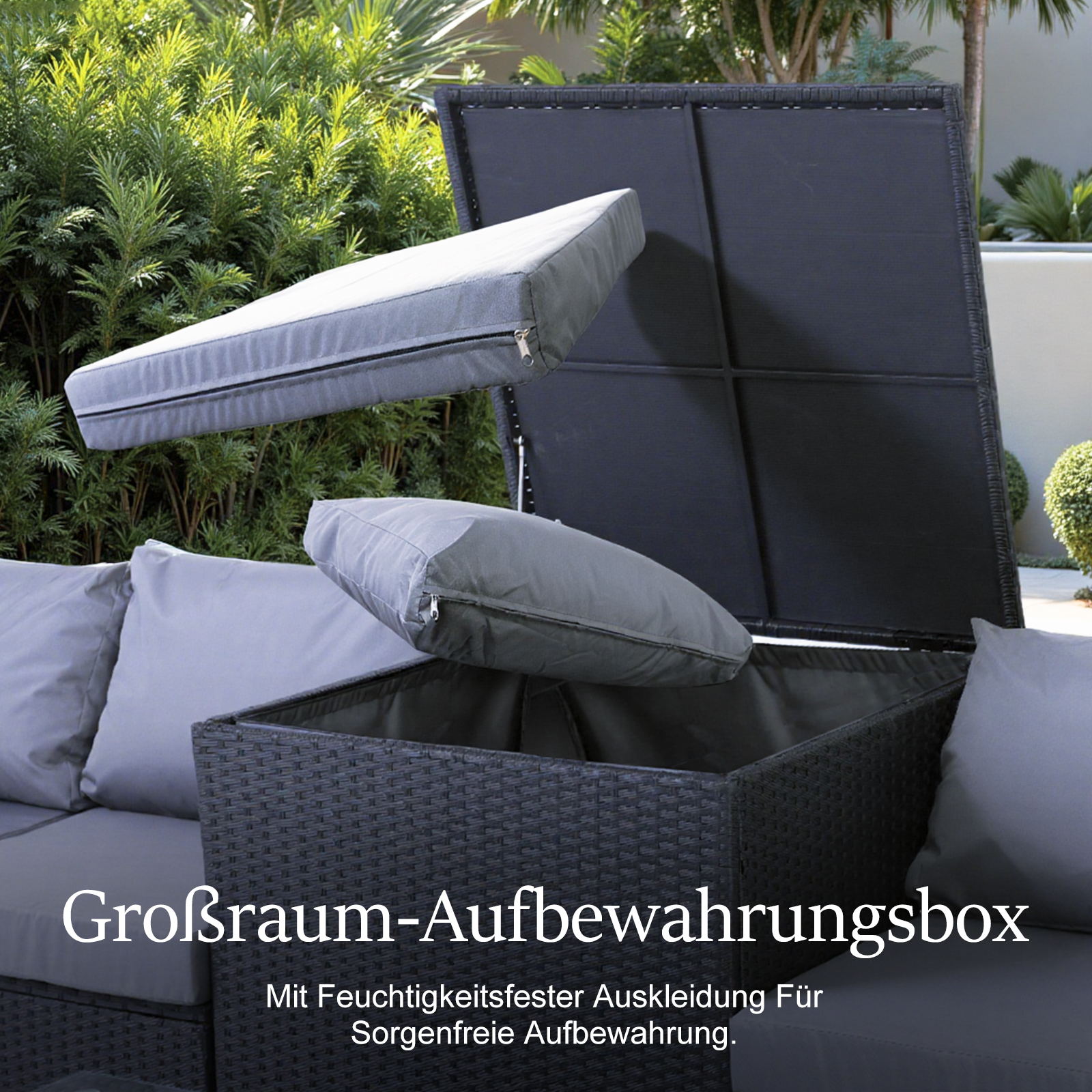 Zewnętrzne pudełko do przechowywania z otwartą pokrywą. Dwie szare poduszki są podniesione. Zielone liście w tle i tekst na dole.