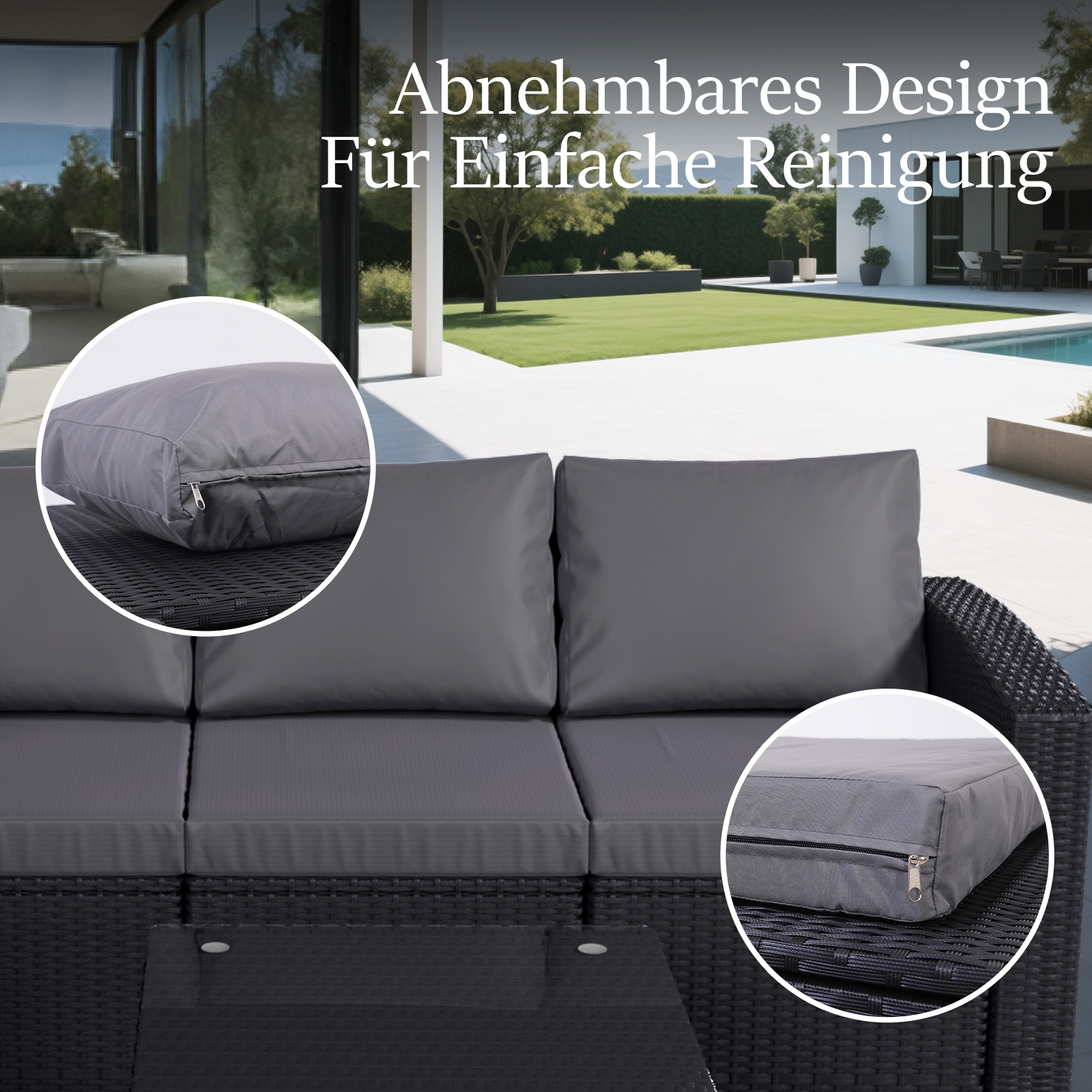 Szara sofa ogrodowa z poduszkami na patio. Zbliżenia pokazują zamki błyskawiczne na poduszkach. W tle dom i basen.