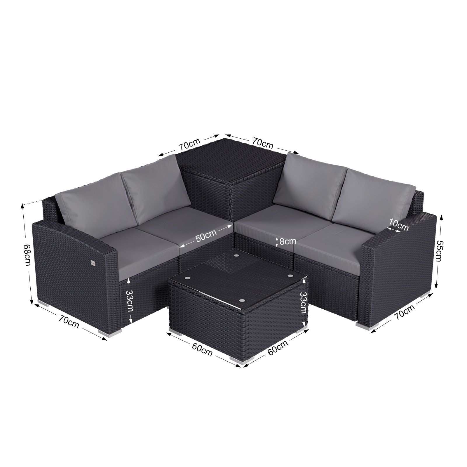 Czarna wiklinowa sekcja zewnętrzna z szarymi poduszkami. Stolik kawowy ze szklanym blatem na pierwszym planie. Wymiary.