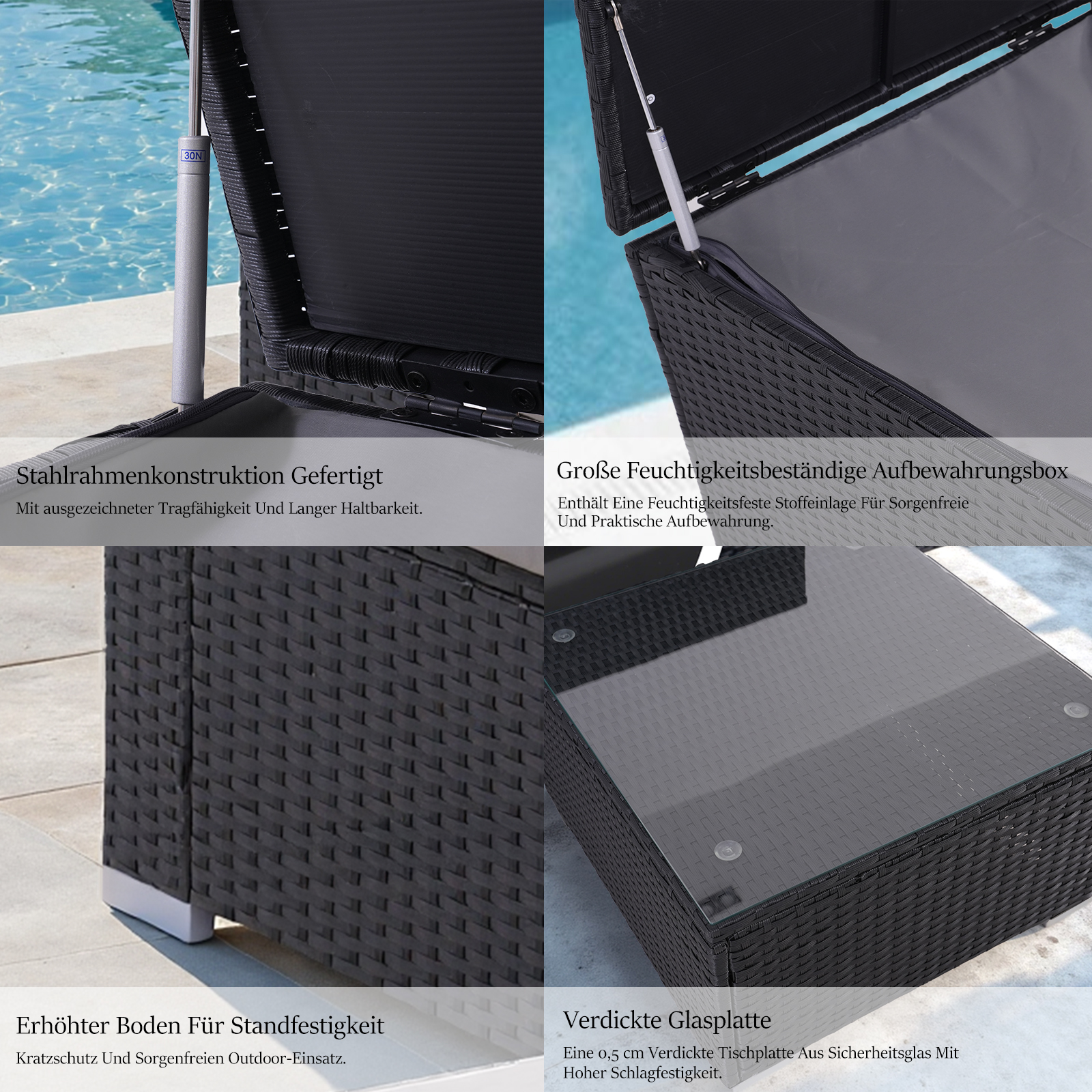 Czarne meble z wikliny ze szklanym blatem i schowkiem. Cechy: stalowa rama, odporny na wilgoć schowek i podwyższona podstawa.