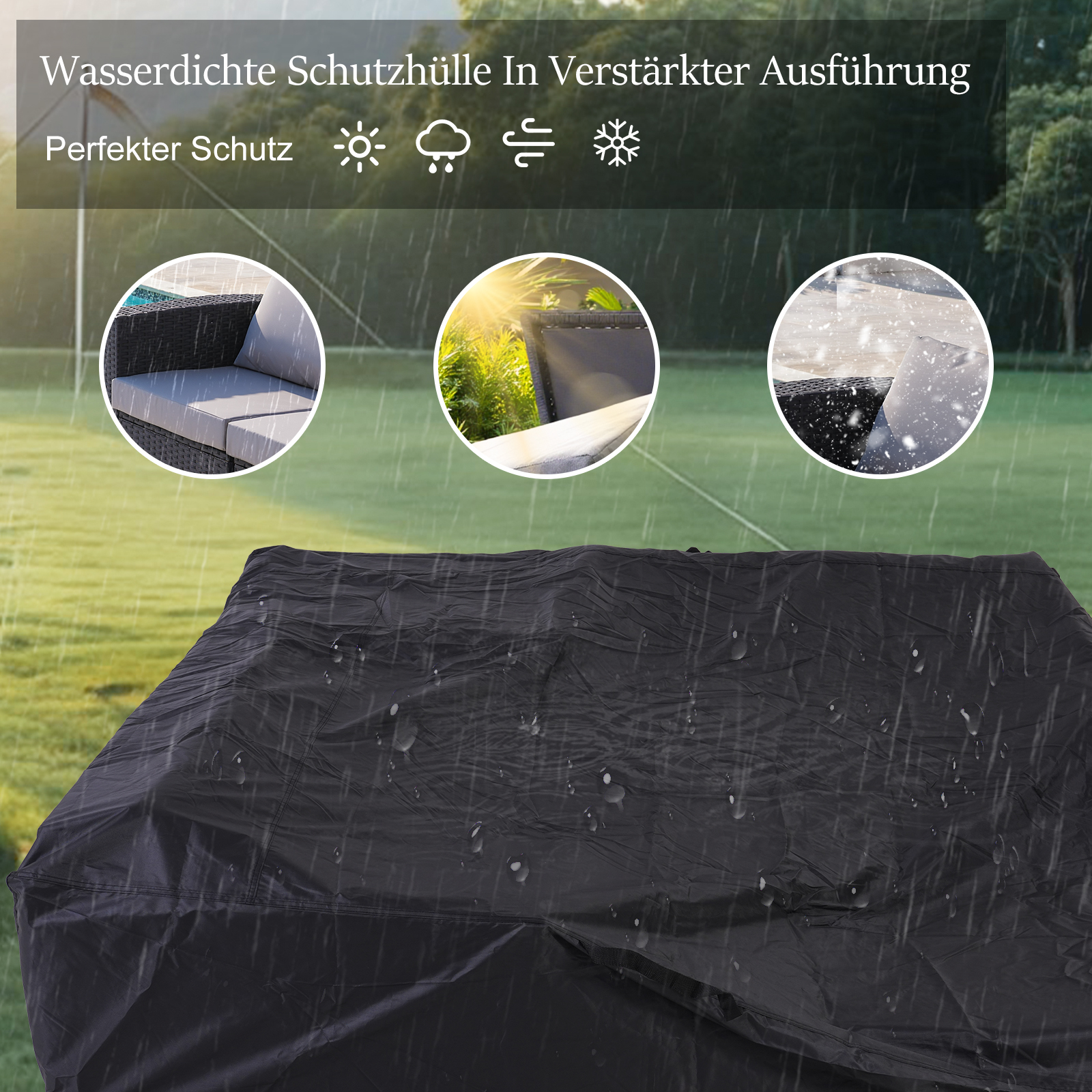 Czarny pokrowiec chroni meble ogrodowe przed deszczem. Wstawki pokazują meble, rośliny i śnieg. Zielony trawnik w tle.