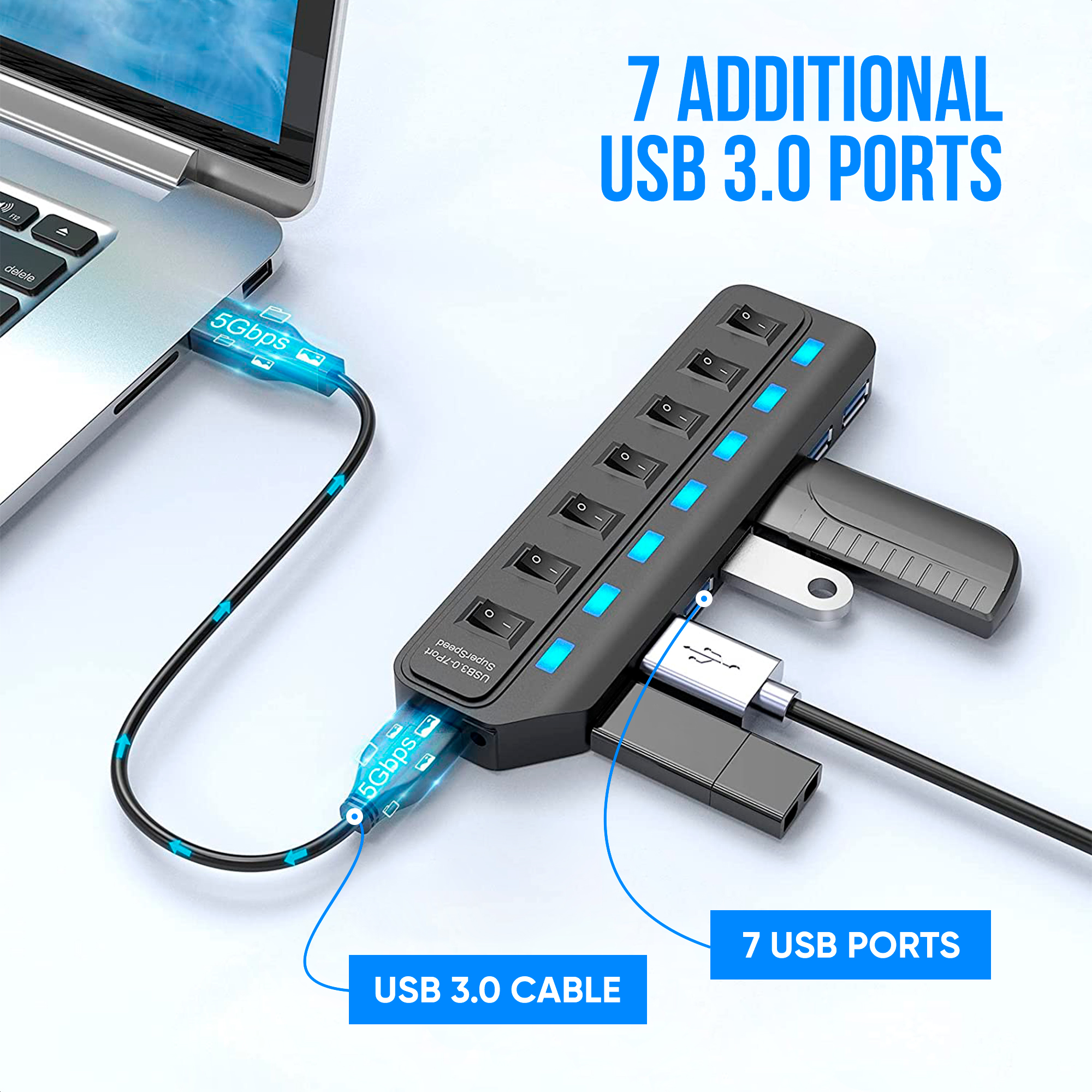 A USB hub connected to a laptop. It has 7 additional USB 3.0 ports with switches and a USB 3.0 cable.