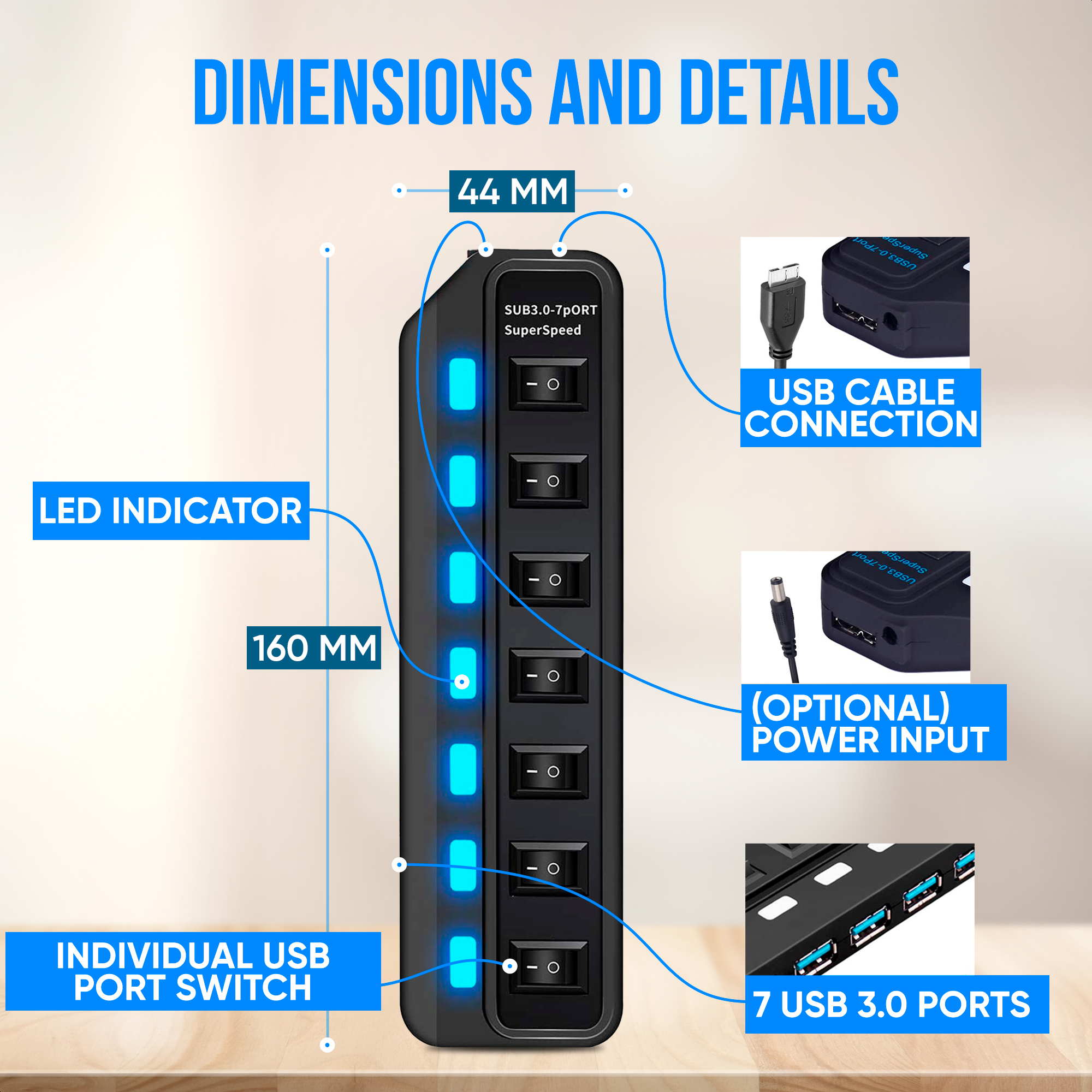 Black USB hub with 7 ports, individual switches, LED indicators, and labeled dimensions. Includes power input and cable connection.