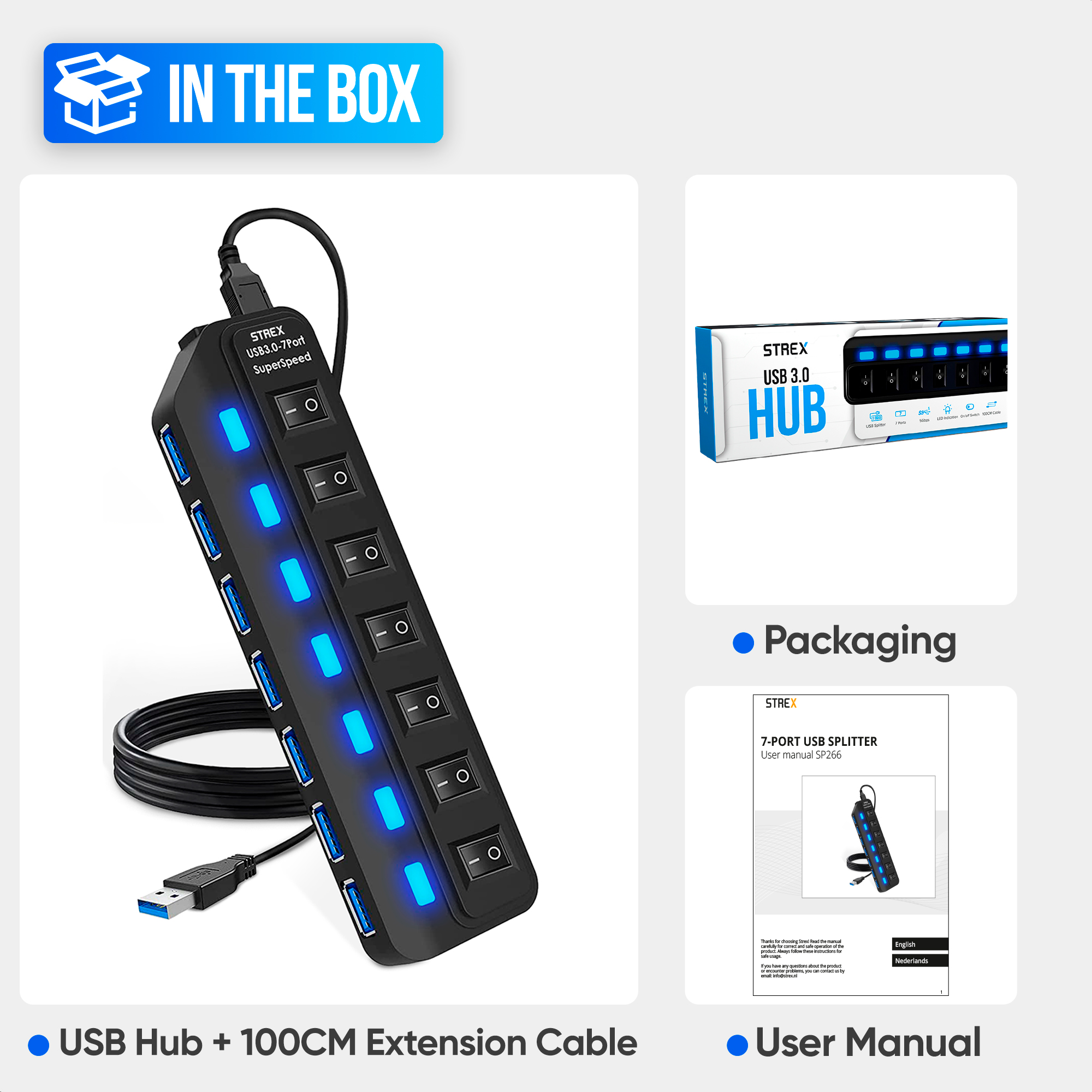 Image shows a black STREX USB 3.0 hub with blue LED lights, packaging, and a user manual. The USB hub has seven ports.