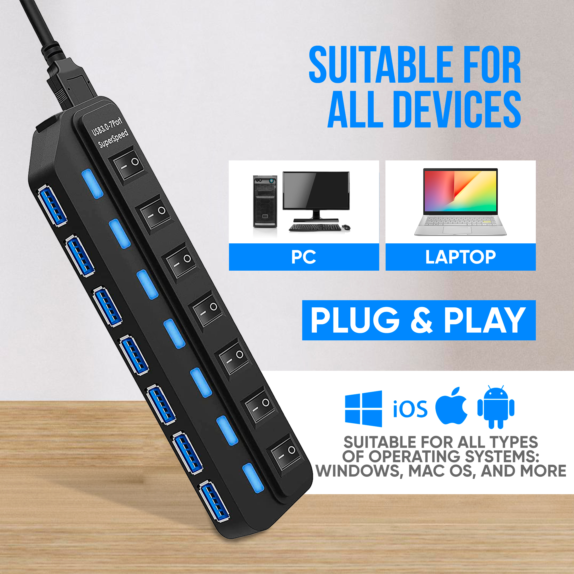 Black USB hub with blue lights, connected to a cable. Displays PC and laptop images, with the text 'Suitable for all devices'.