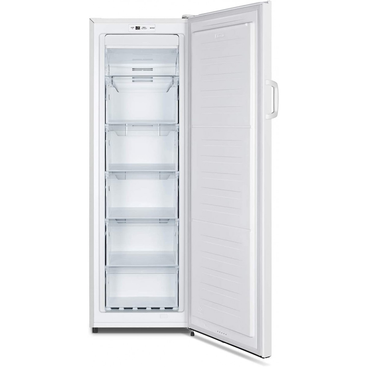 Ein weißer Gefrierschrank mit geöffneter Tür. Im Inneren befinden sich mehrere transparente Schubladen. Die Tür hat einen Griff.