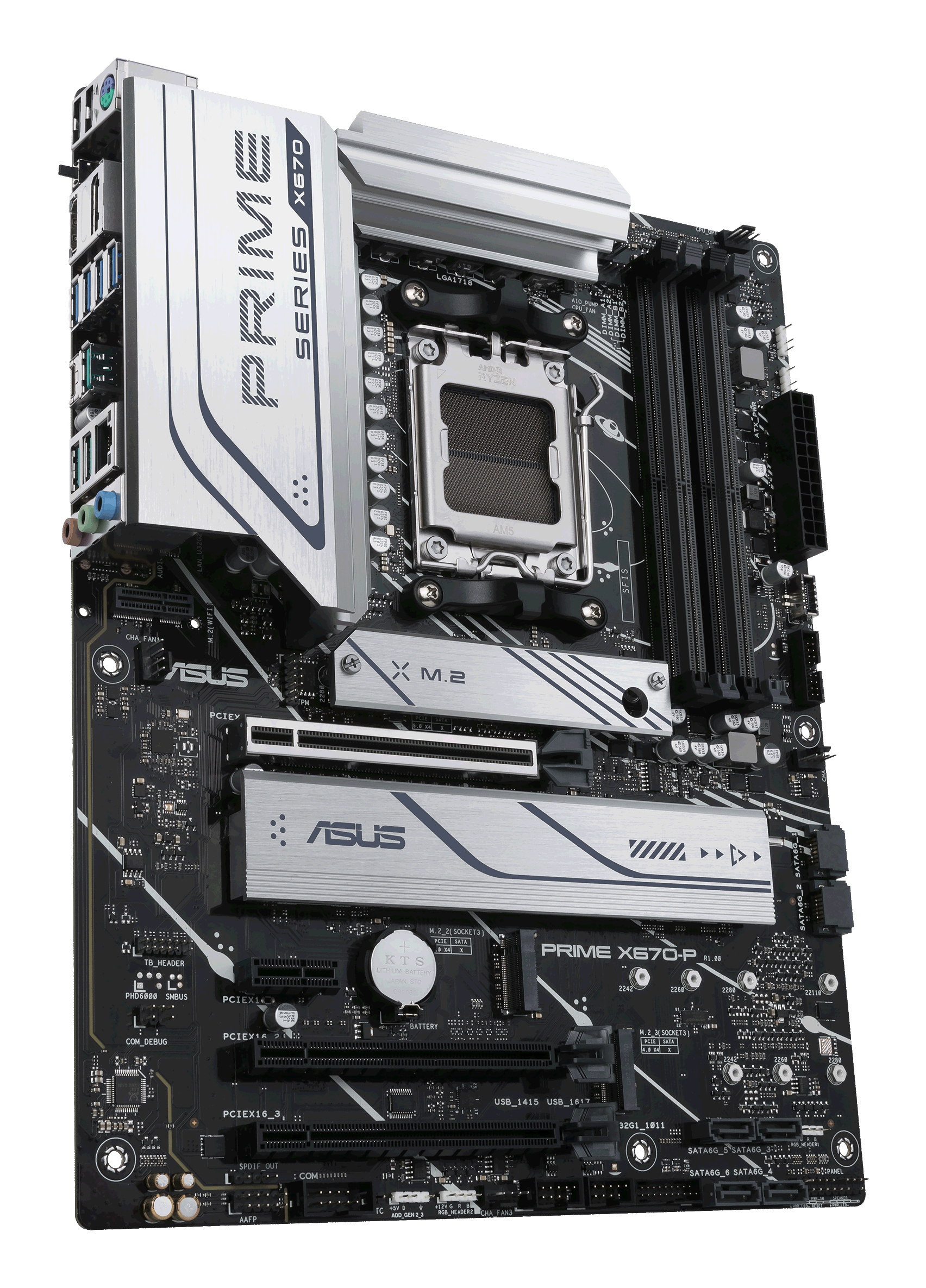 Una scheda madre ASUS Prime X670-P nera con dettagli argentati. Include socket CPU, slot e varie porte.