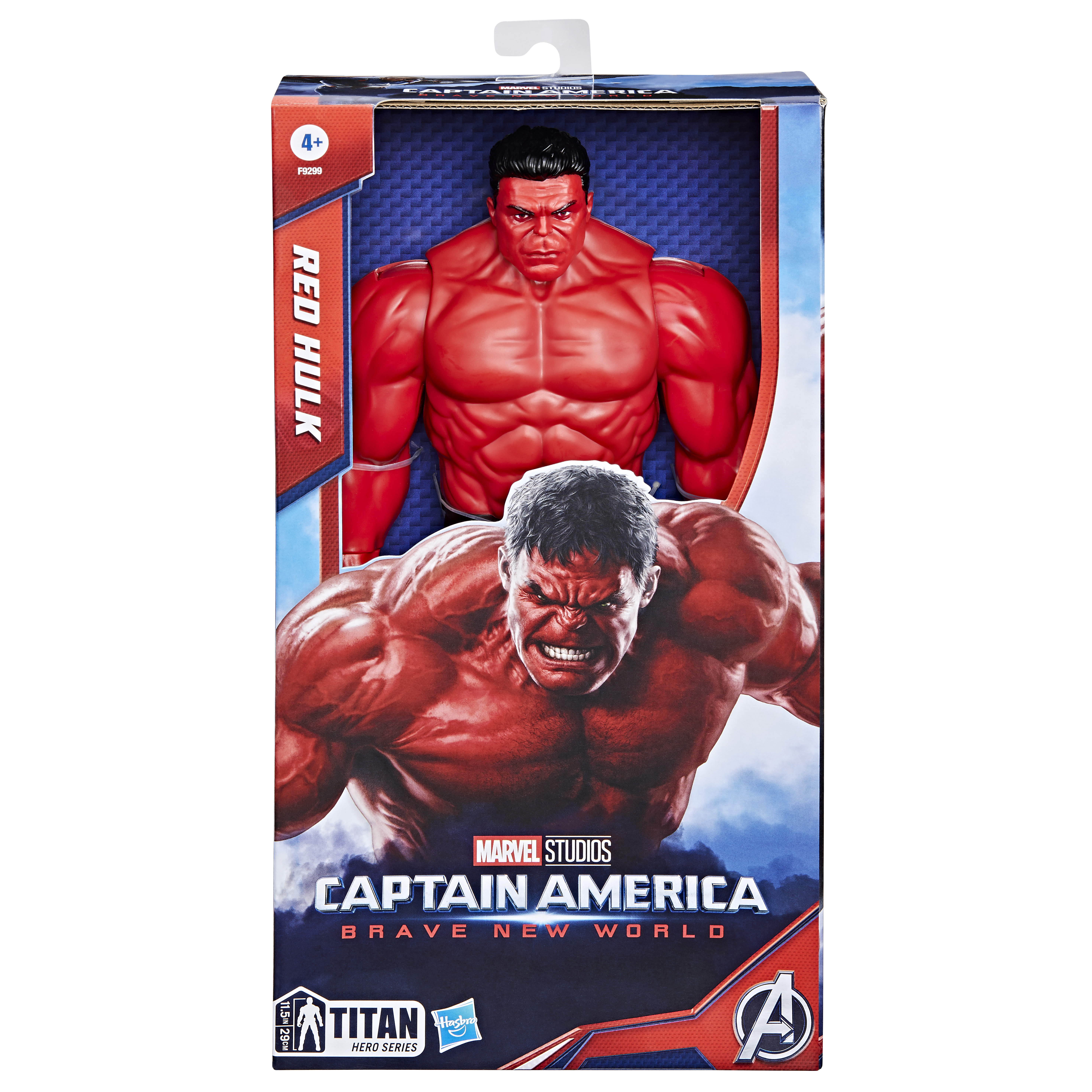 Una figura de acción de Red Hulk en una caja. La caja presenta dos imágenes de Red Hulk y el logotipo de Capitán América.