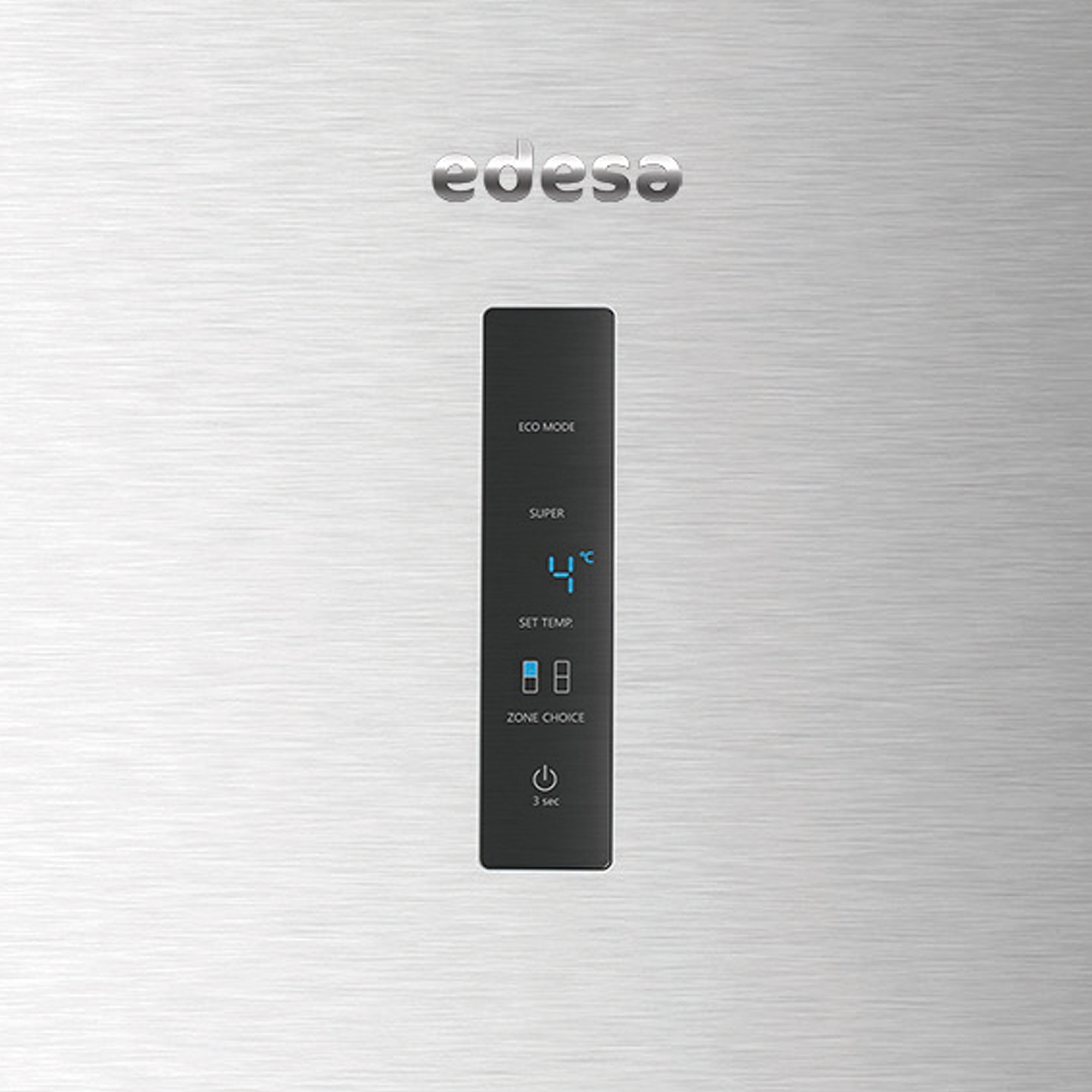 Puerta de refrigerador plateada con la marca "edesa" y un panel de control negro que muestra la temperatura y la configuración.