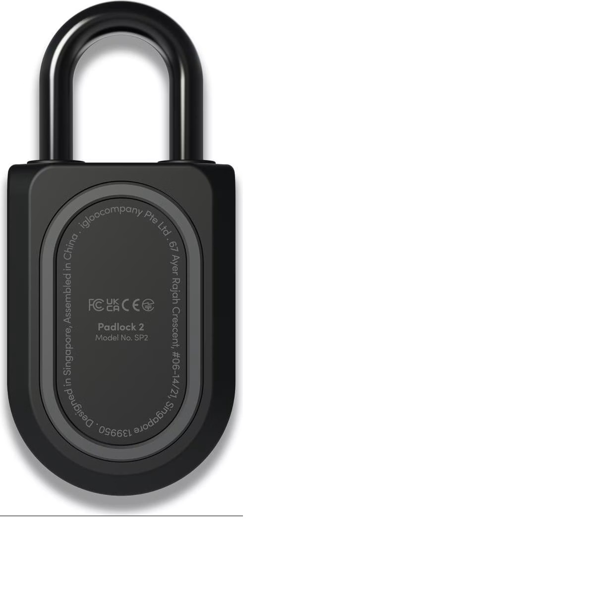 Ein schwarzes Vorhängeschloss mit gebogenem Griff. Das Vorhängeschloss hat Text und Logos, einschließlich "Padlock 2" und "igloocompany Pte Ltd".