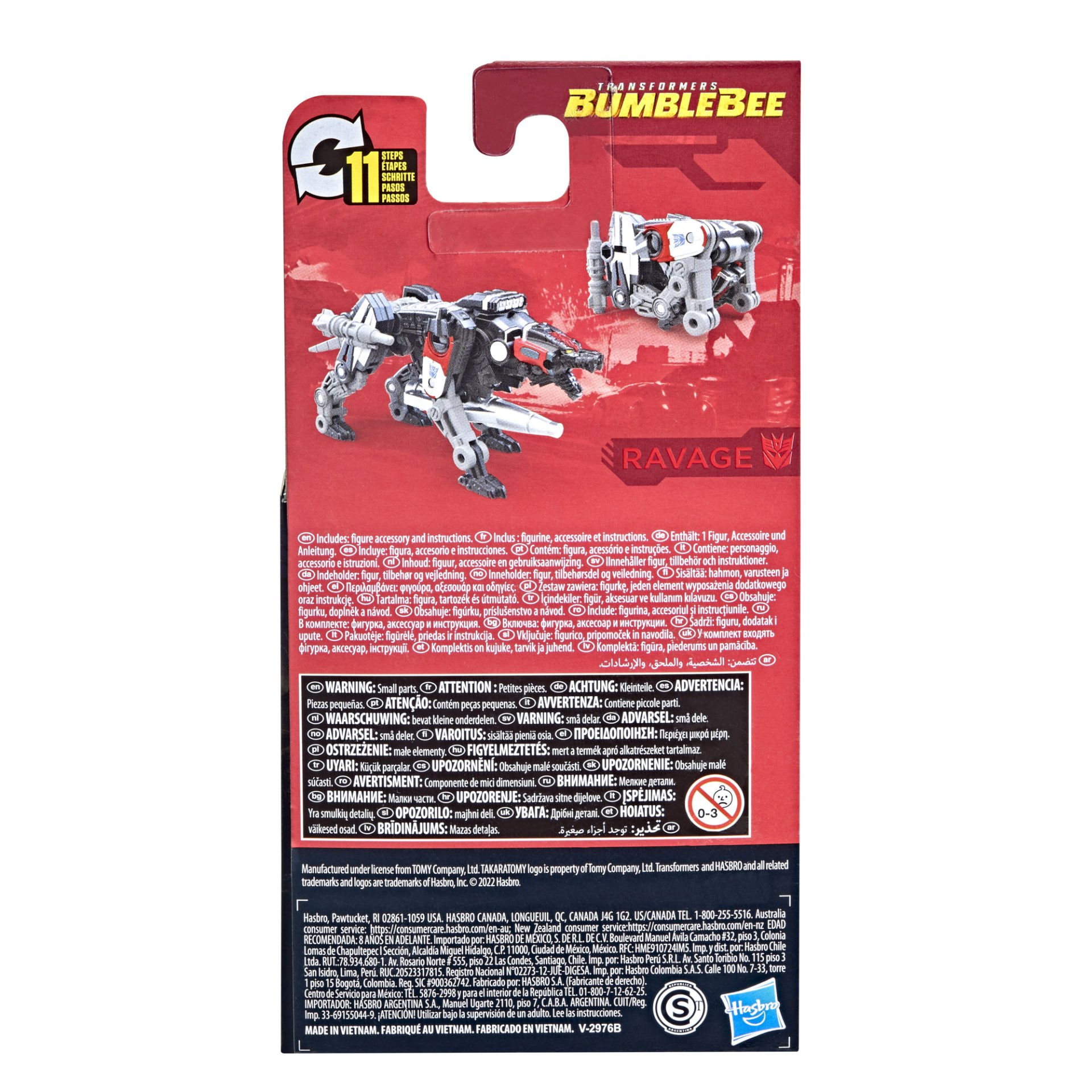 Görsel, kırmızı ve beyaz bir arka plan üzerinde bir Transformers Ravage oyuncağını gösteriyor. Metin ve uyarılar da var.