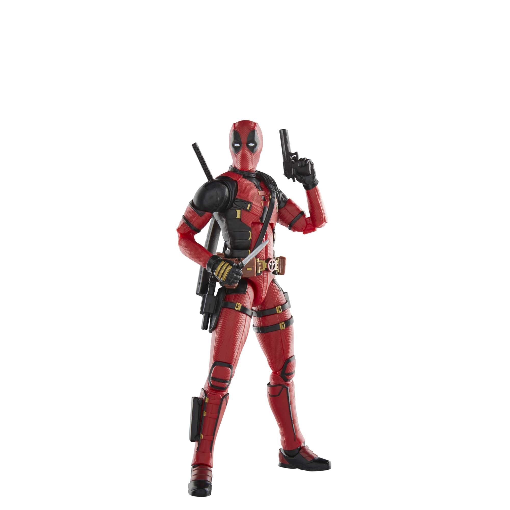 Deadpool aksiyon figürü, tabanca ve bıçakla duruyor. Kırmızı ve siyah takım elbise, sırtta iki kılıç ve beyaz arka plan.