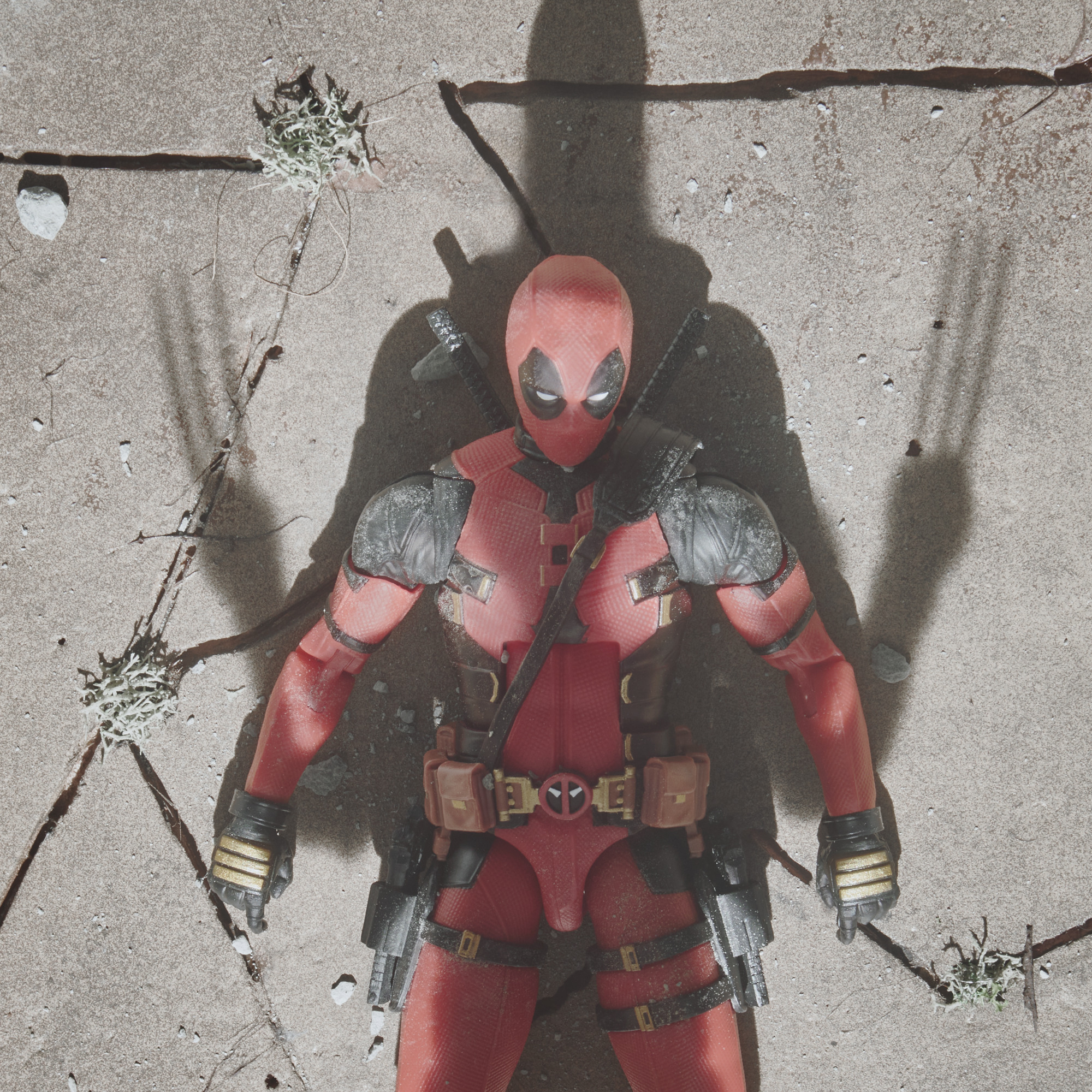 Deadpool figürü çatlak betonun üzerinde yatıyor. Kırmızı ve siyah takım elbise, silahlar ve kılıçlar. Gölge mevcut. Küçük bitkiler ve enkaz.