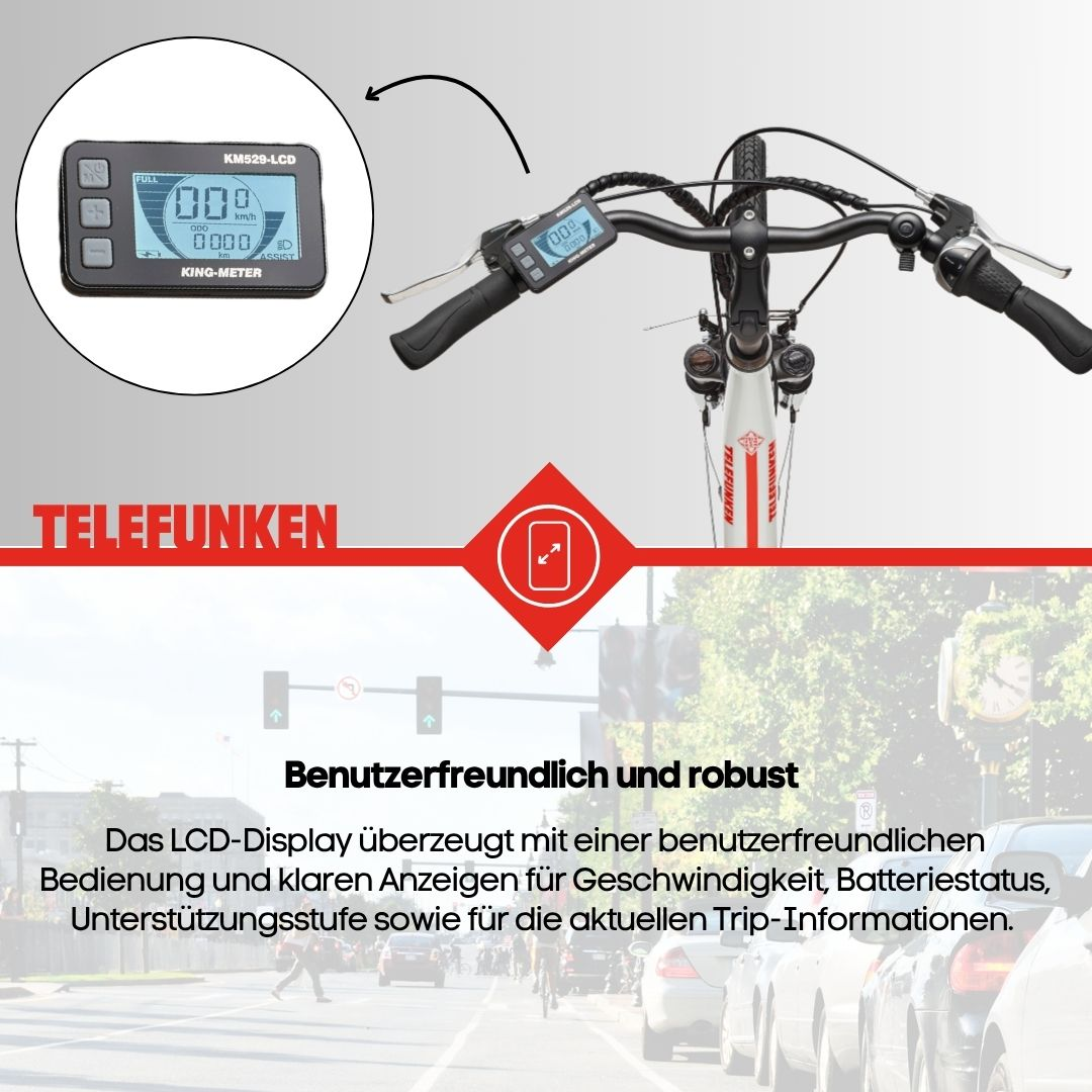 Ein E-Bike-Display zeigt Geschwindigkeit und Batterie an. Ein rotes Logo und ein Fahrrad stehen im Zentrum. Der Hintergrund zeigt Autos und eine Straße.