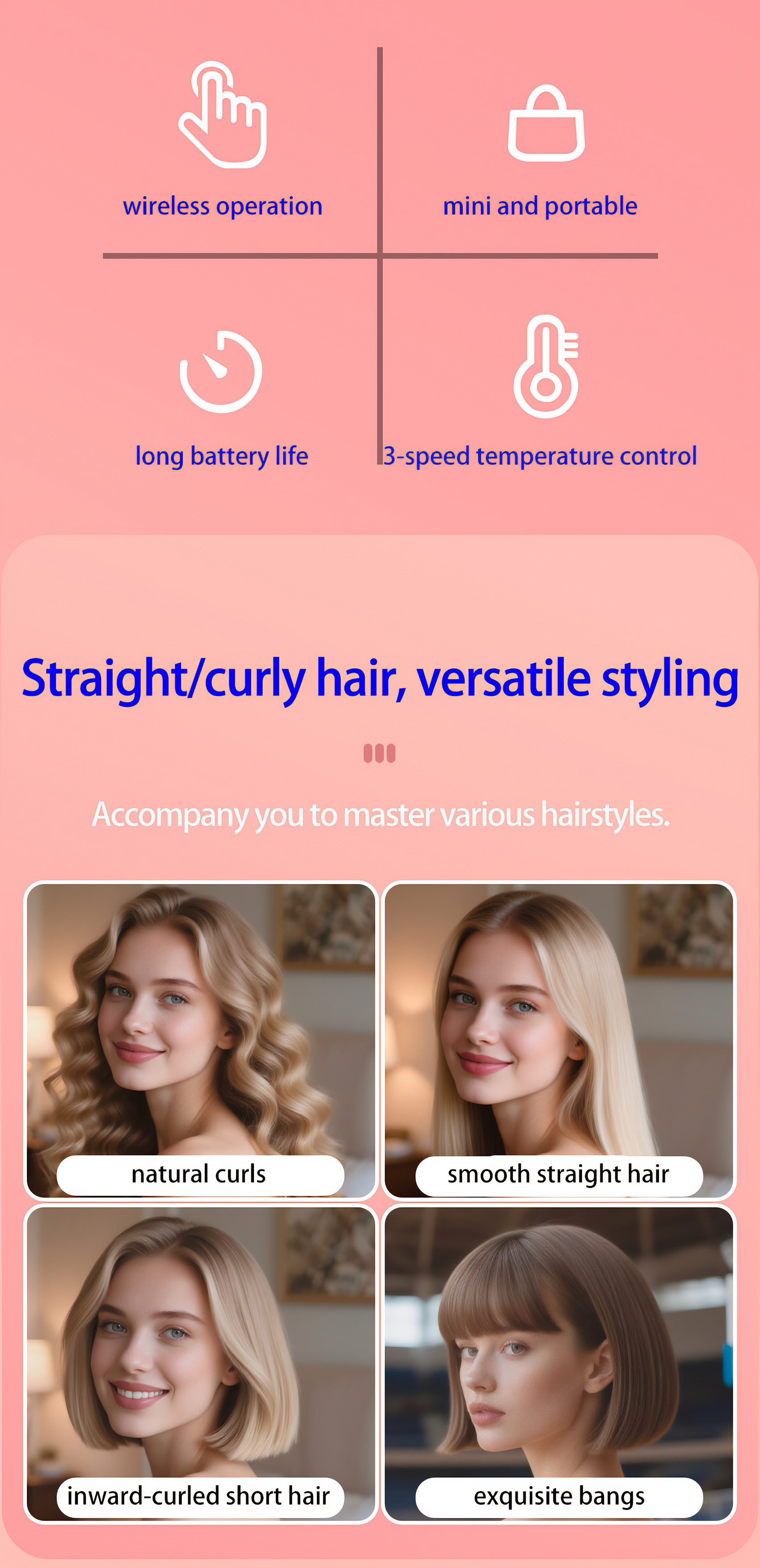 Das Bild zeigt ein Haarstyling-Produkt mit Funktionen wie kabelloser Bedienung. Es zeigt verschiedene Frisuren: Locken, glattes Haar, kurzes Haar und Pony.