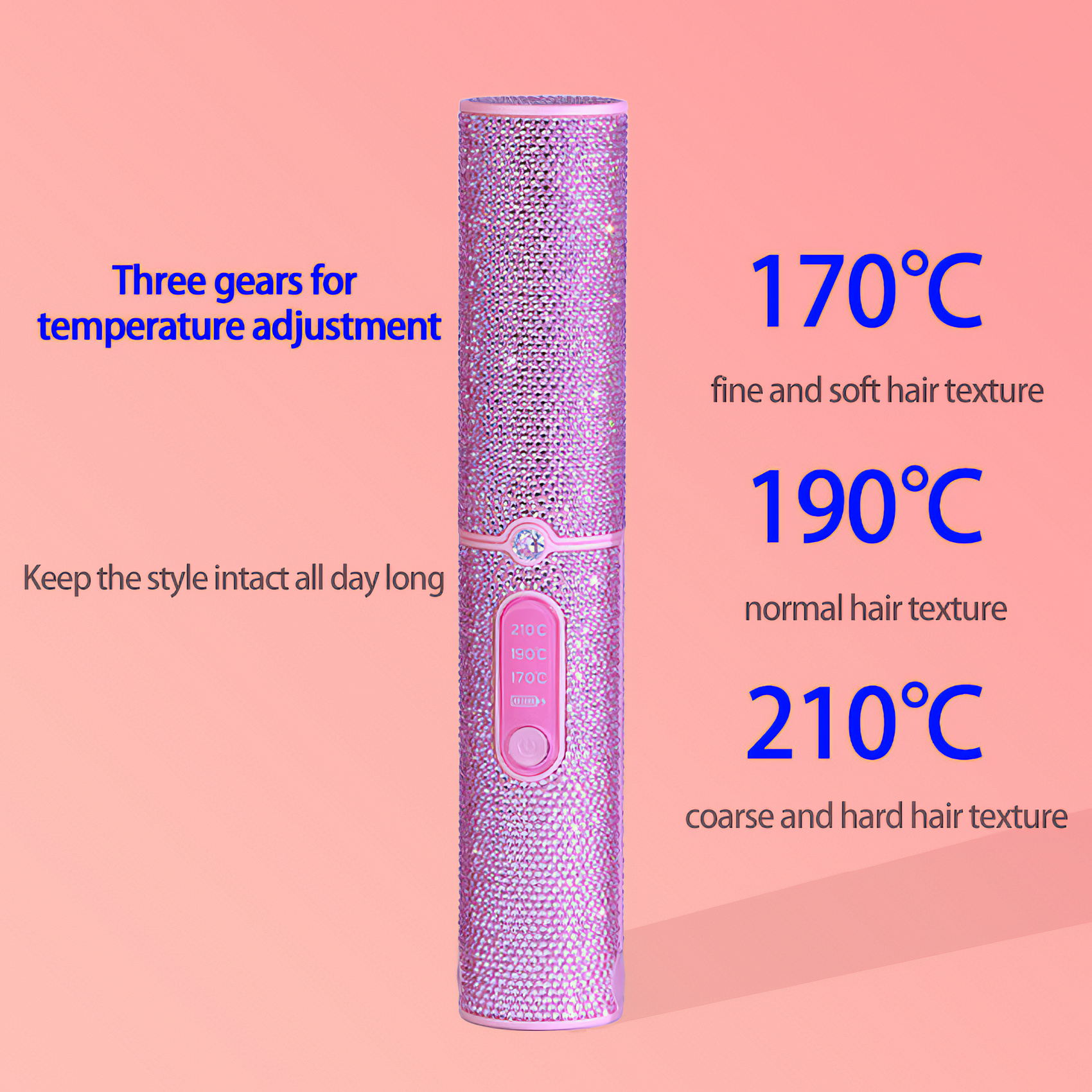 Ein pinkes Haarglätteisen mit Kristallverzierungen, Temperaturen: 170°C, 190°C, 210°C. Text: drei Gänge zur Temperatureinstellung.
