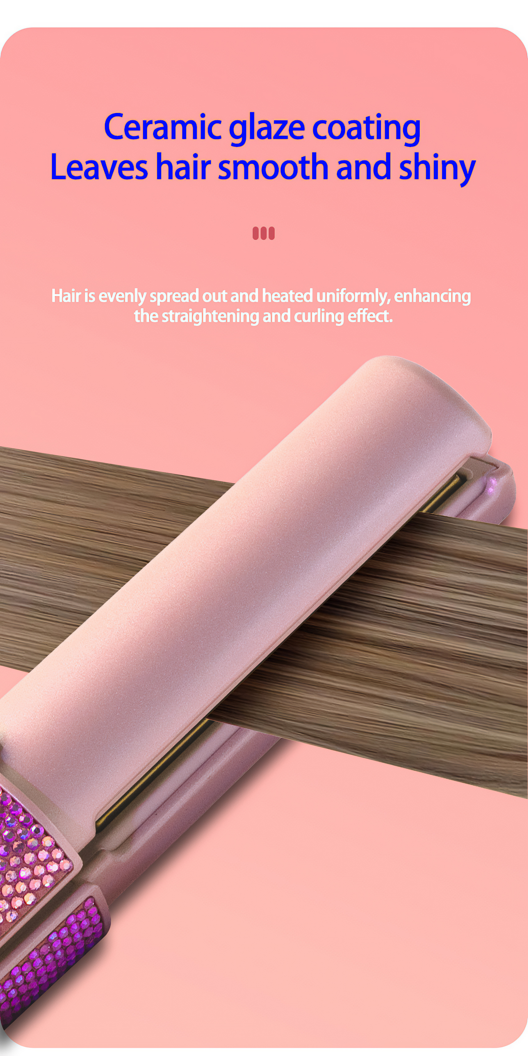 Ein rosa Haarglätter mit braunen Haarsträhnen. Text: Keramikbeschichtung macht das Haar glatt und glänzend.