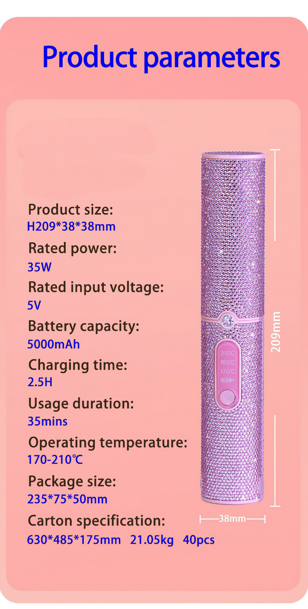 Das Bild zeigt Produktparameter. Ein rosa, mit Strass besetztes Haarstyling-Tool wird zusammen mit Spezifikationen wie Größe, Leistung, Spannung und Temperatur angezeigt.