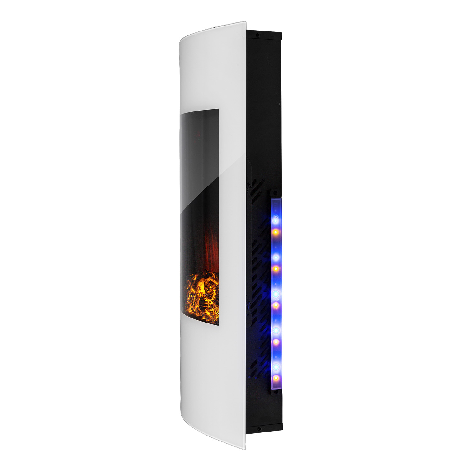 Un moderno camino elettrico con frontale bianco curvo, retro nero e display di fiamme. Luci blu e gialle sul lato.