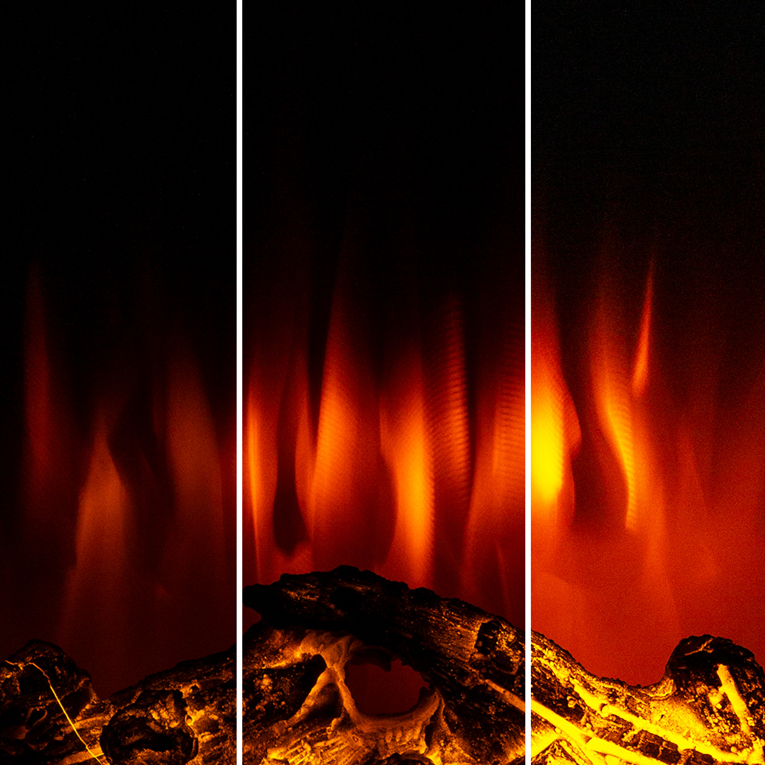 L'immagine raffigura un camino con fiamme arancioni tremolanti su uno sfondo nero. La base mostra tronchi di legno dettagliati e strutturati.