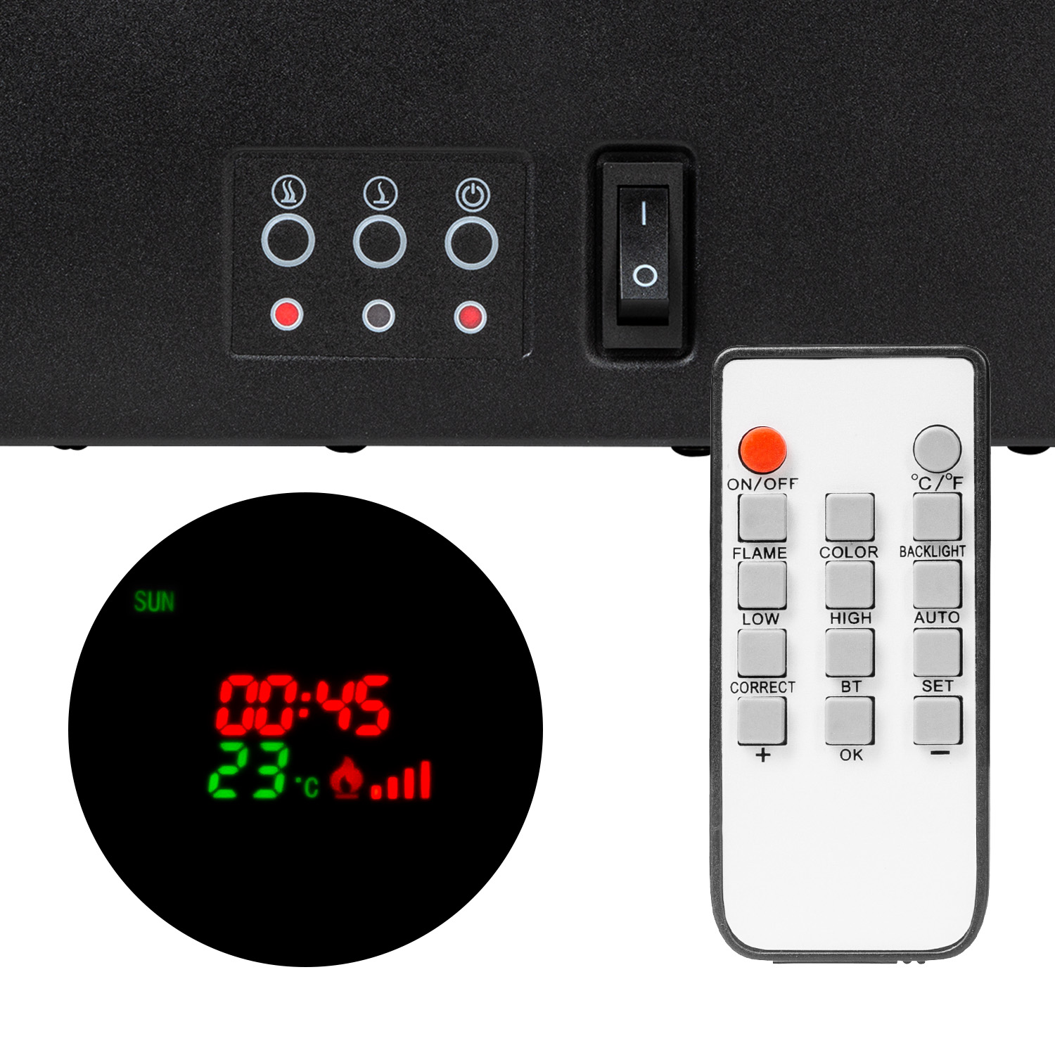 Un caminetto elettrico con telecomando e display che mostra ora, temperatura e impostazioni. Sfondo nero, telecomando bianco.