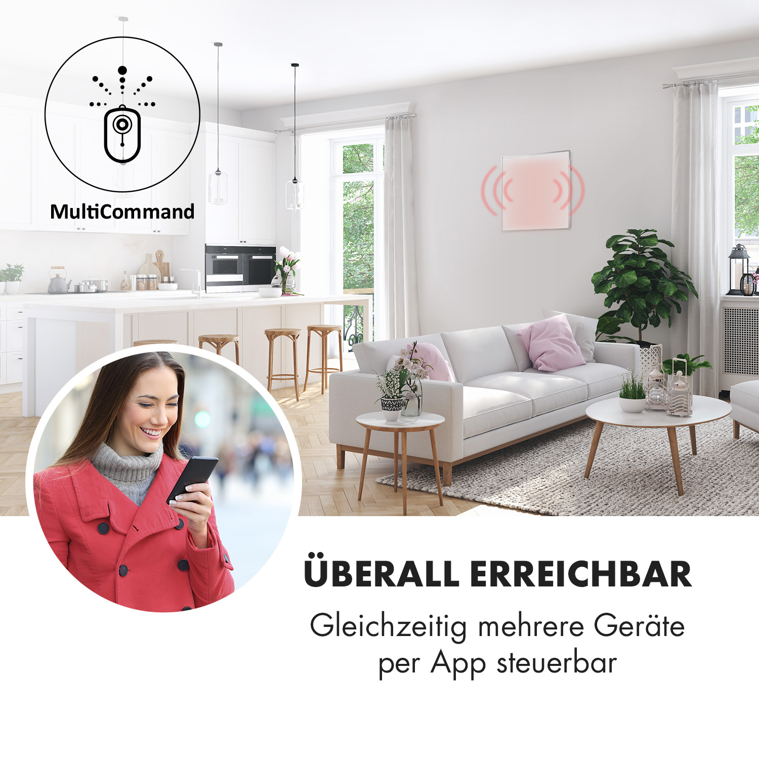 Mujer usando teléfono. Se muestra una interfaz de hogar inteligente. Tiene una sala de estar y cocina. El texto dice: "MultiCommand".