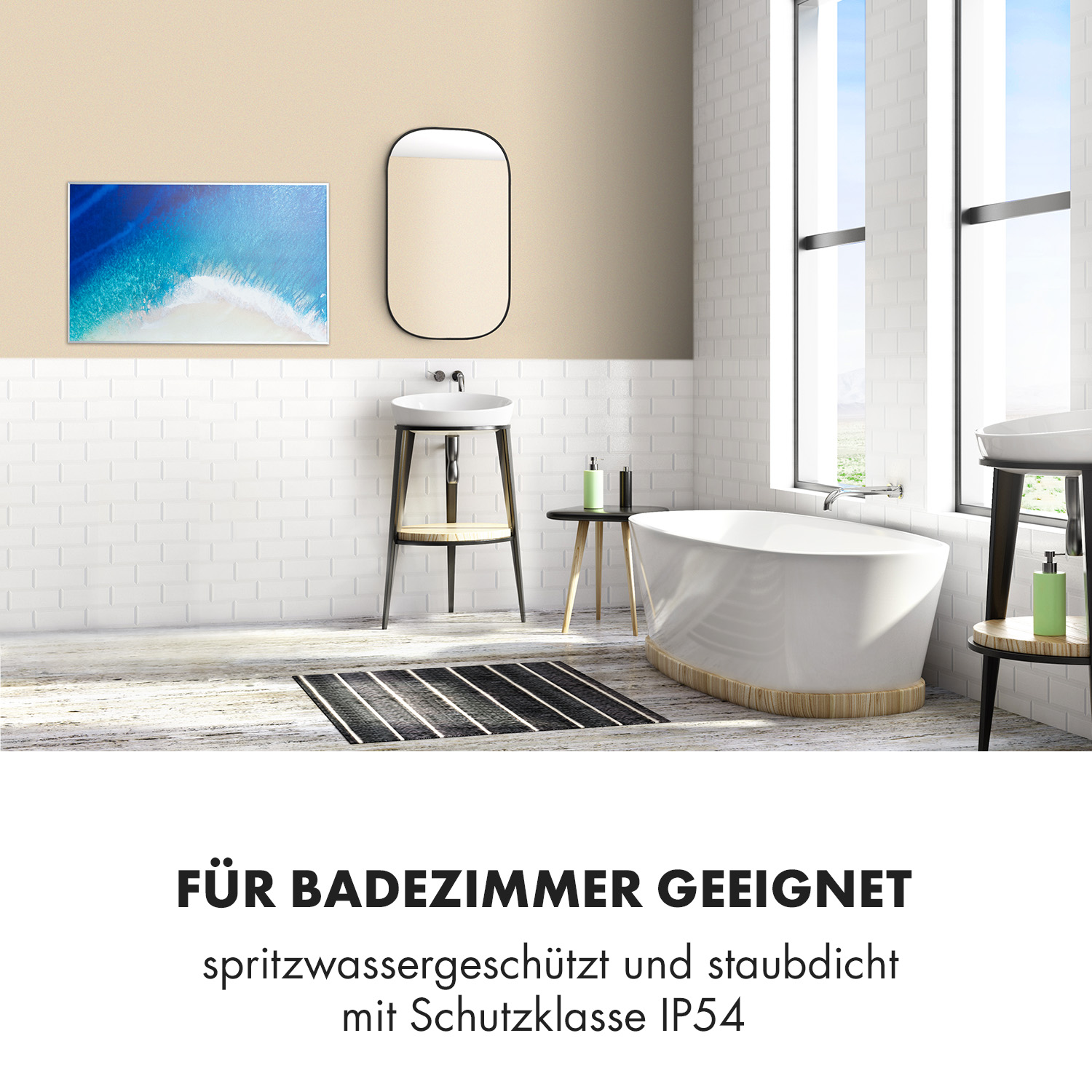 Un bagno moderno con vasca, lavandino e specchio. Un quadro appeso al muro. Una finestra lascia entrare la luce naturale.