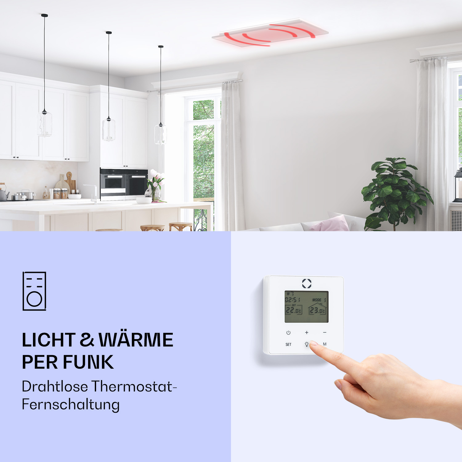 Una cucina moderna con mobili bianchi e riscaldamento a soffitto. Una mano preme un pulsante su un termostato.