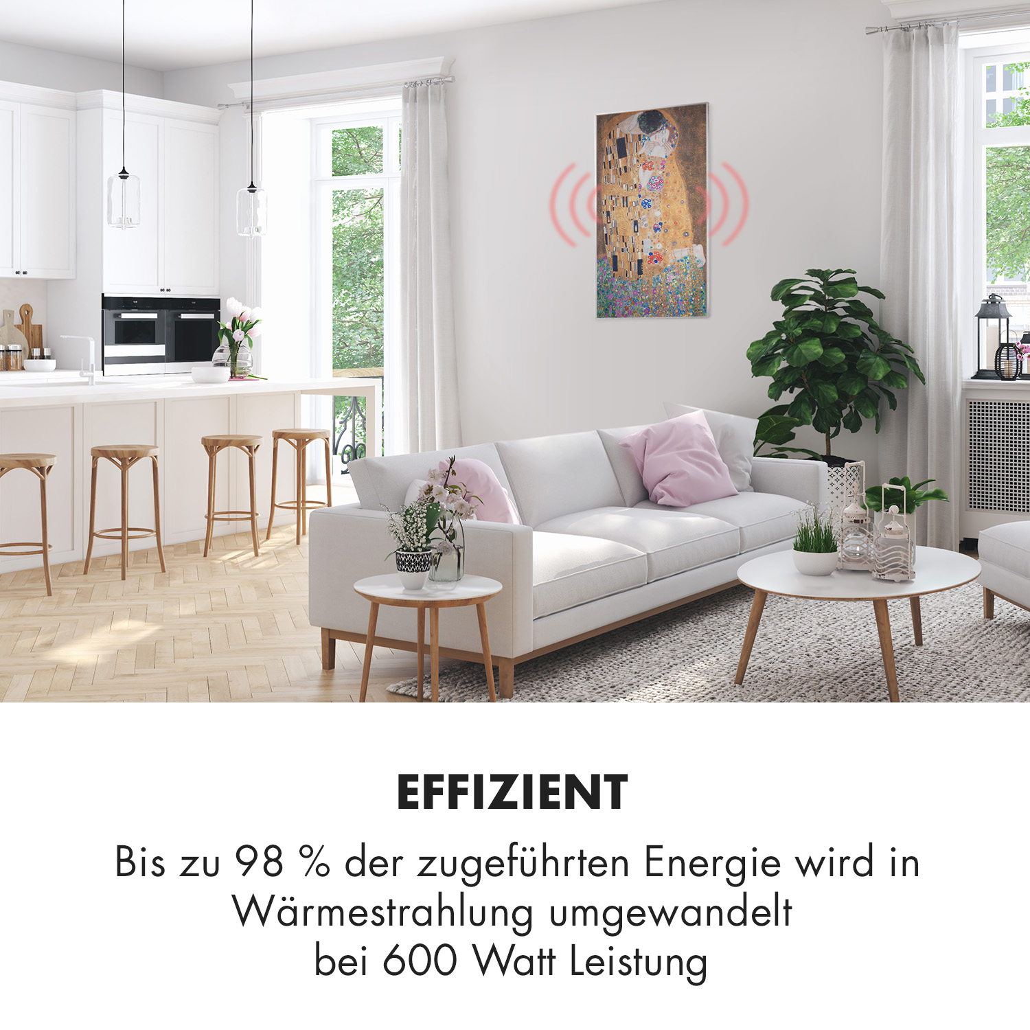 Salón con pintura, sofá blanco, mesas redondas y planta. Texto inferior indica eficiencia energética.