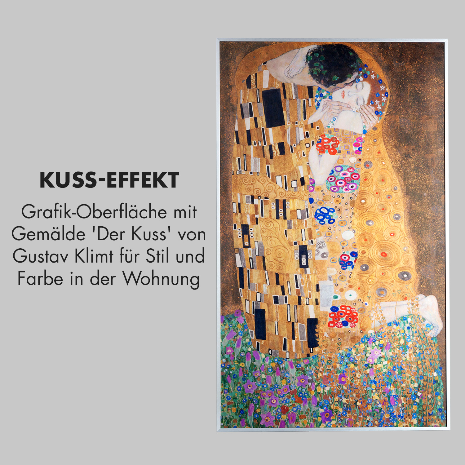 Pintura 'El Beso' de Gustav Klimt, pareja abrazándose. Hombre con pelo oscuro, mujer con pelo rojo, rodeados de oro y flores.