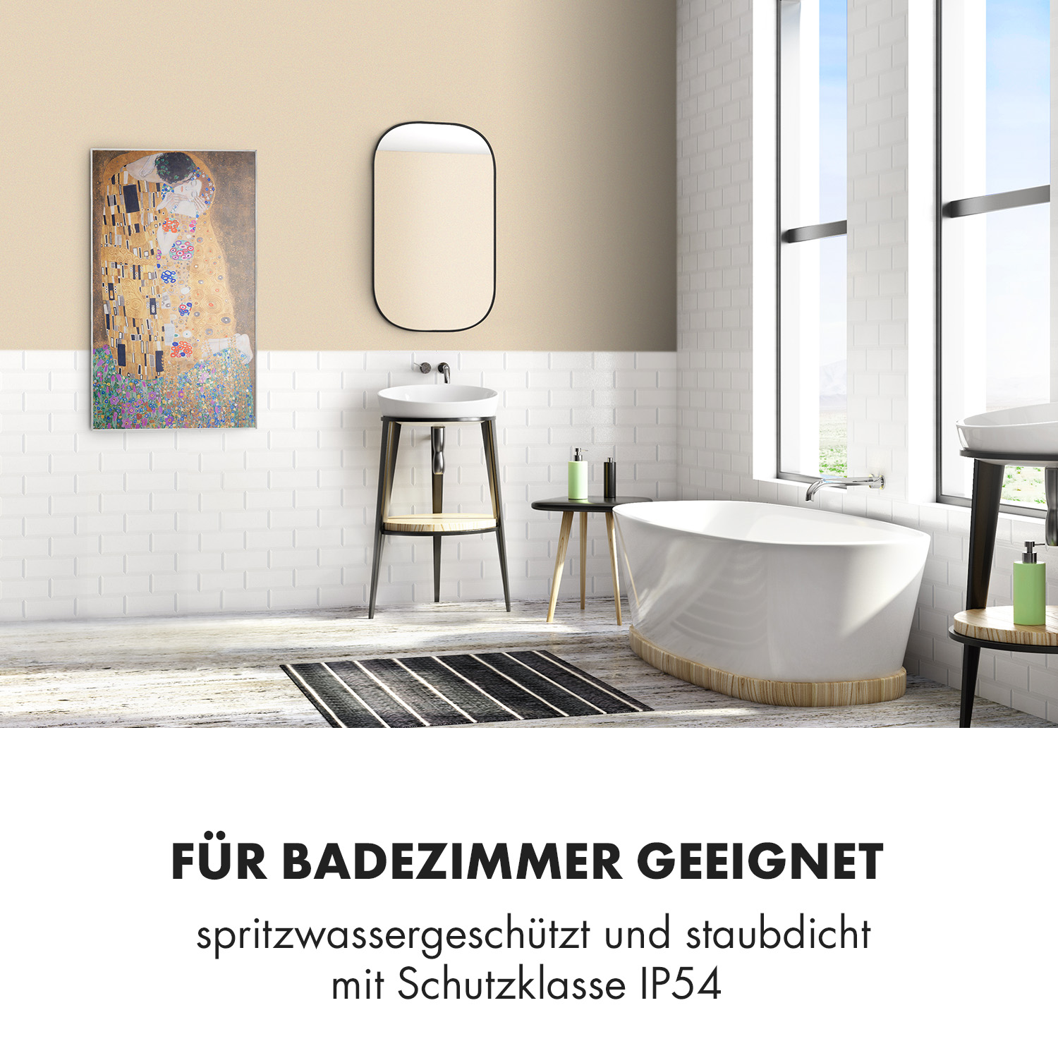 Un baño con bañera, lavabo y obras de arte. El texto dice que es apto para baños y es resistente a salpicaduras y al polvo.