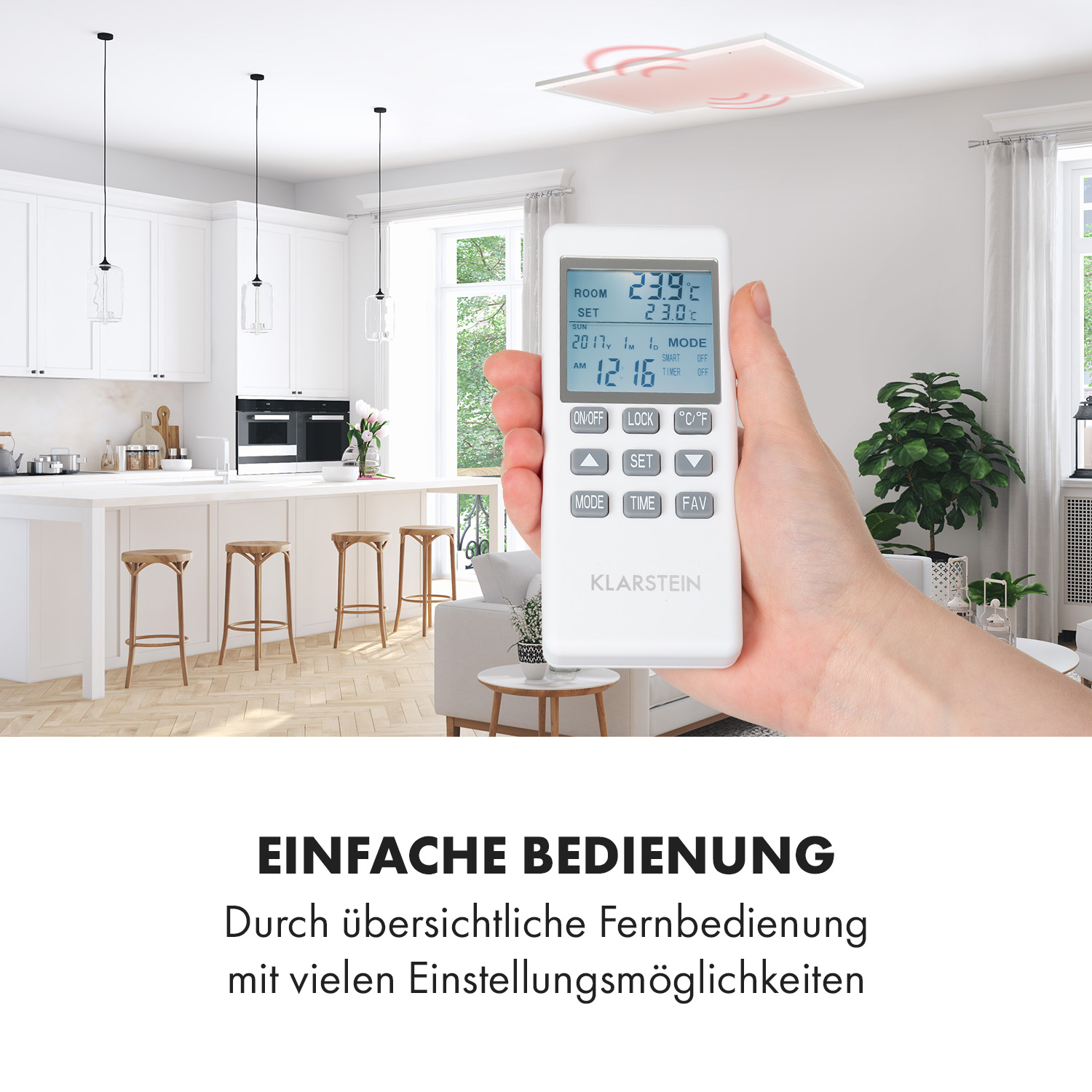 Eine Hand hält eine Fernbedienung mit Temperaturanzeigen. Über ihr befindet sich eine Deckenheizung. Der Raum ist eine moderne Küche.