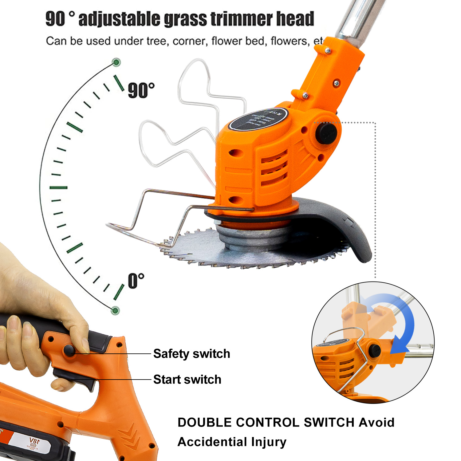 Pomarańczowa i czarna podkaszarka do trawy z regulowaną głowicą 90°. Obraz zawiera dłoń obsługującą podkaszarkę i wyłącznik bezpieczeństwa.