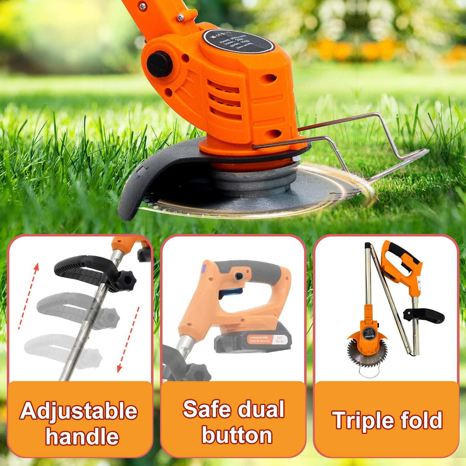 Pomarańczowo-czarna elektryczna podkaszarka do trawy z metalowym ostrzem na zielonej trawie, z trzema mniejszymi obrazami szczegółowymi.