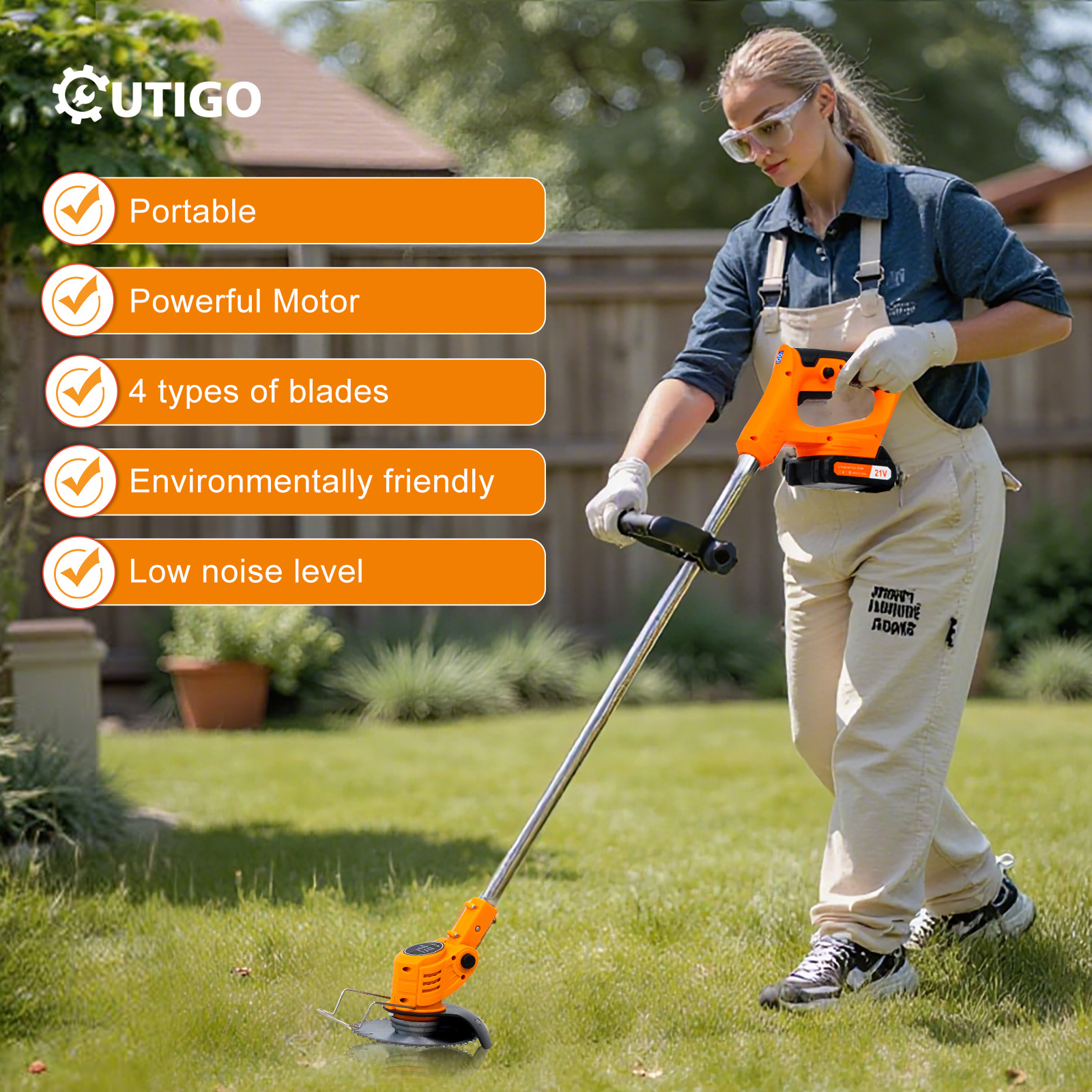 Kobieta w kombinezonie używa trymera do trawy. Trymer jest pomarańczowo-czarny. Są pomarańczowe etykiety z tekstem.