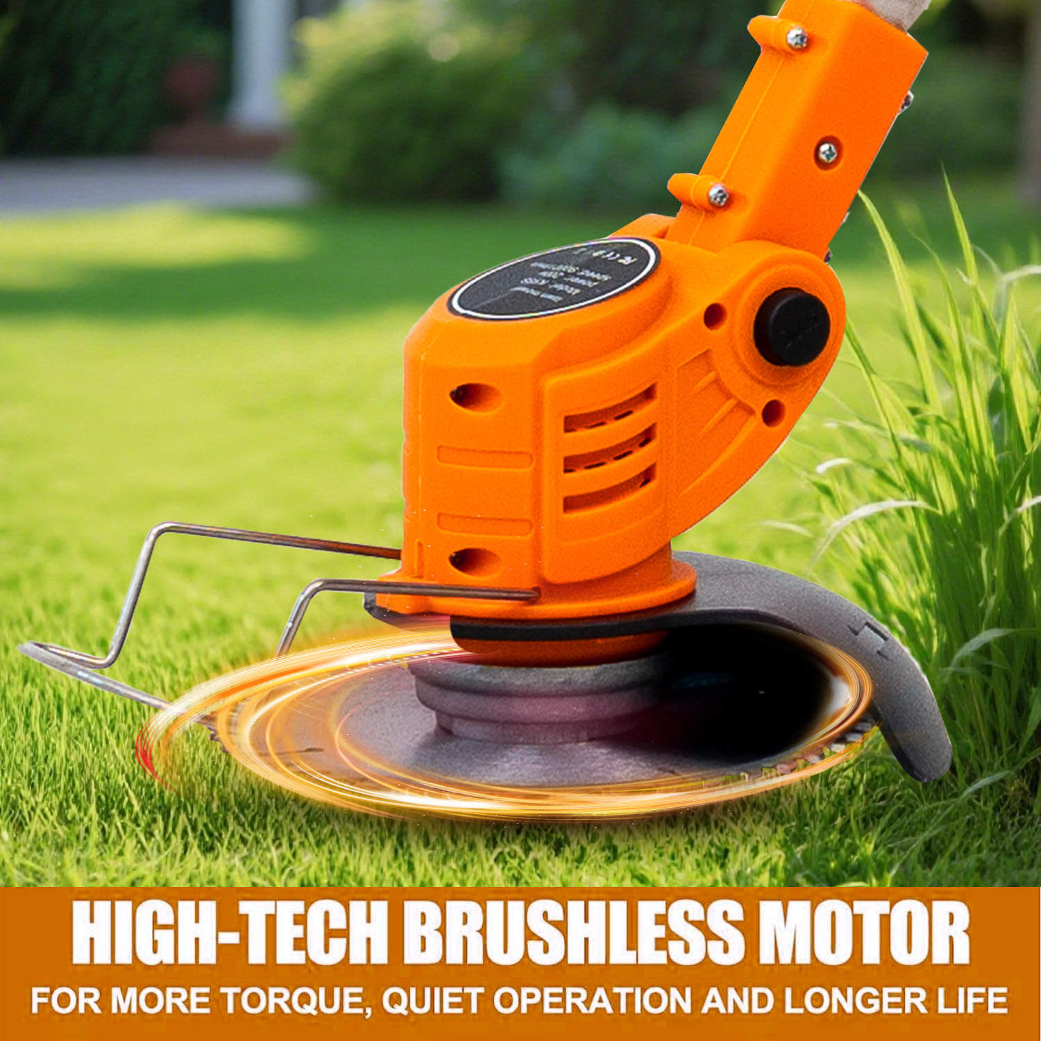 Pomarańczowa podkaszarka tnąca trawę w ogrodzie. Tekst na dole mówi 'High-Tech Brushless Motor'.