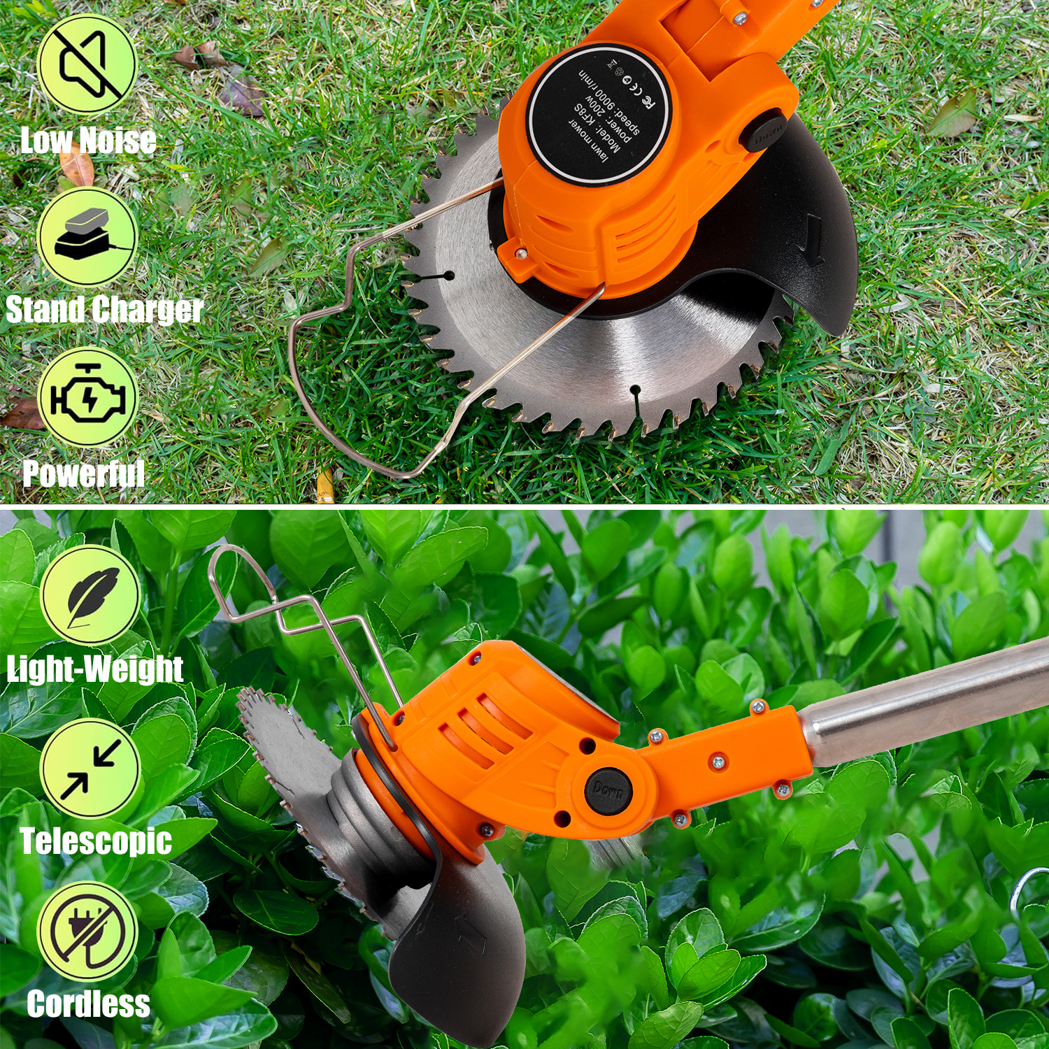 Pomarańczowo-czarna kosiarka z okrągłym ostrzem na zielonej trawie i żywopłocie. Ikony wskazują funkcje.