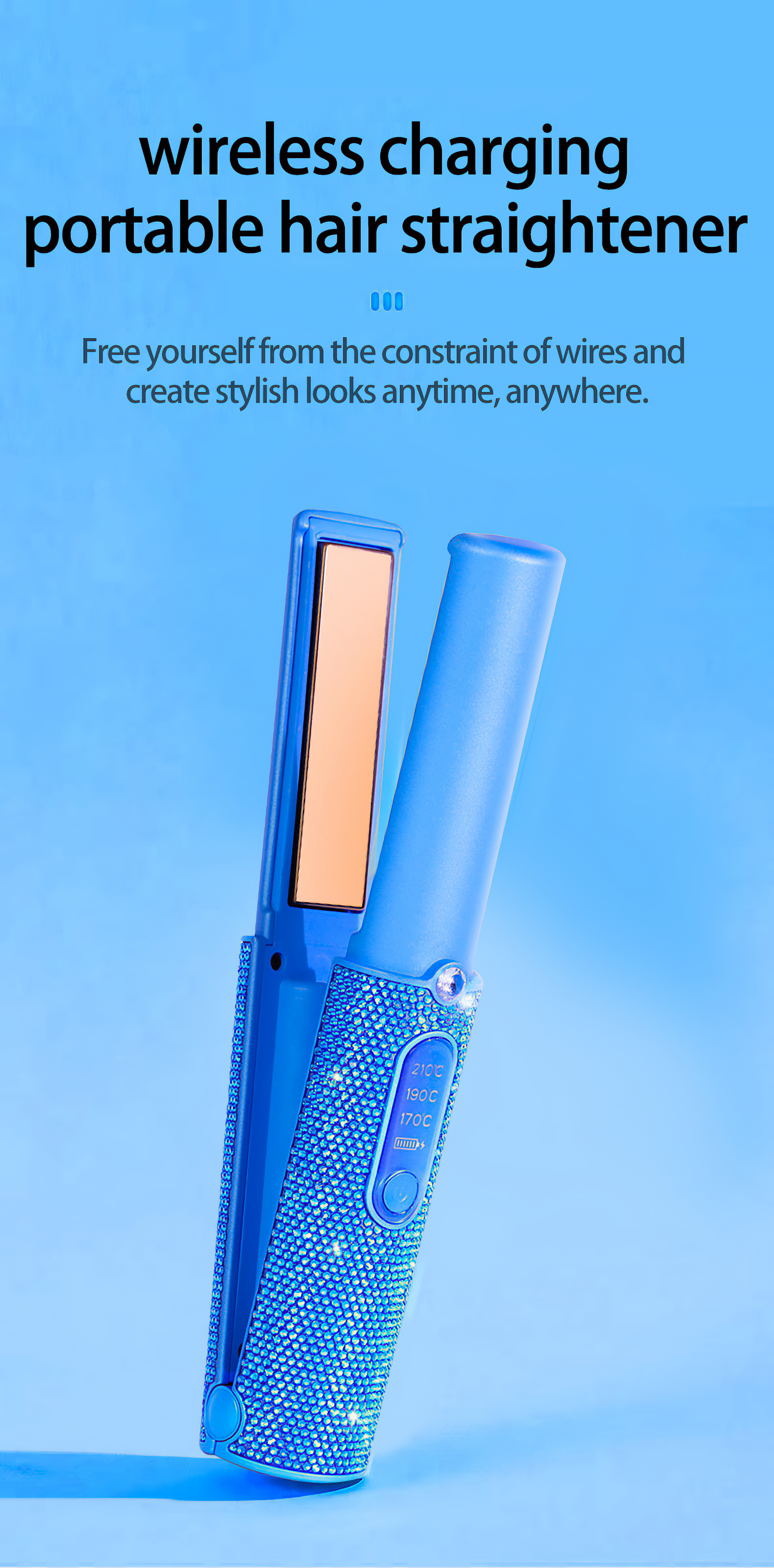 Ein blaues Glätteisen mit Kristallen, roségoldenen Platten. Text: kabelloses Aufladen tragbarer Haarglätter.