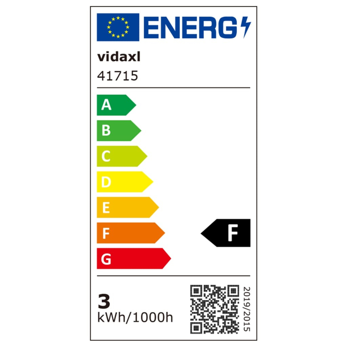 Etichetta energetica con valutazioni da A a G. Mostra la valutazione 'F'. Include dettagli del marchio, codice prodotto e QR code per l'efficienza.