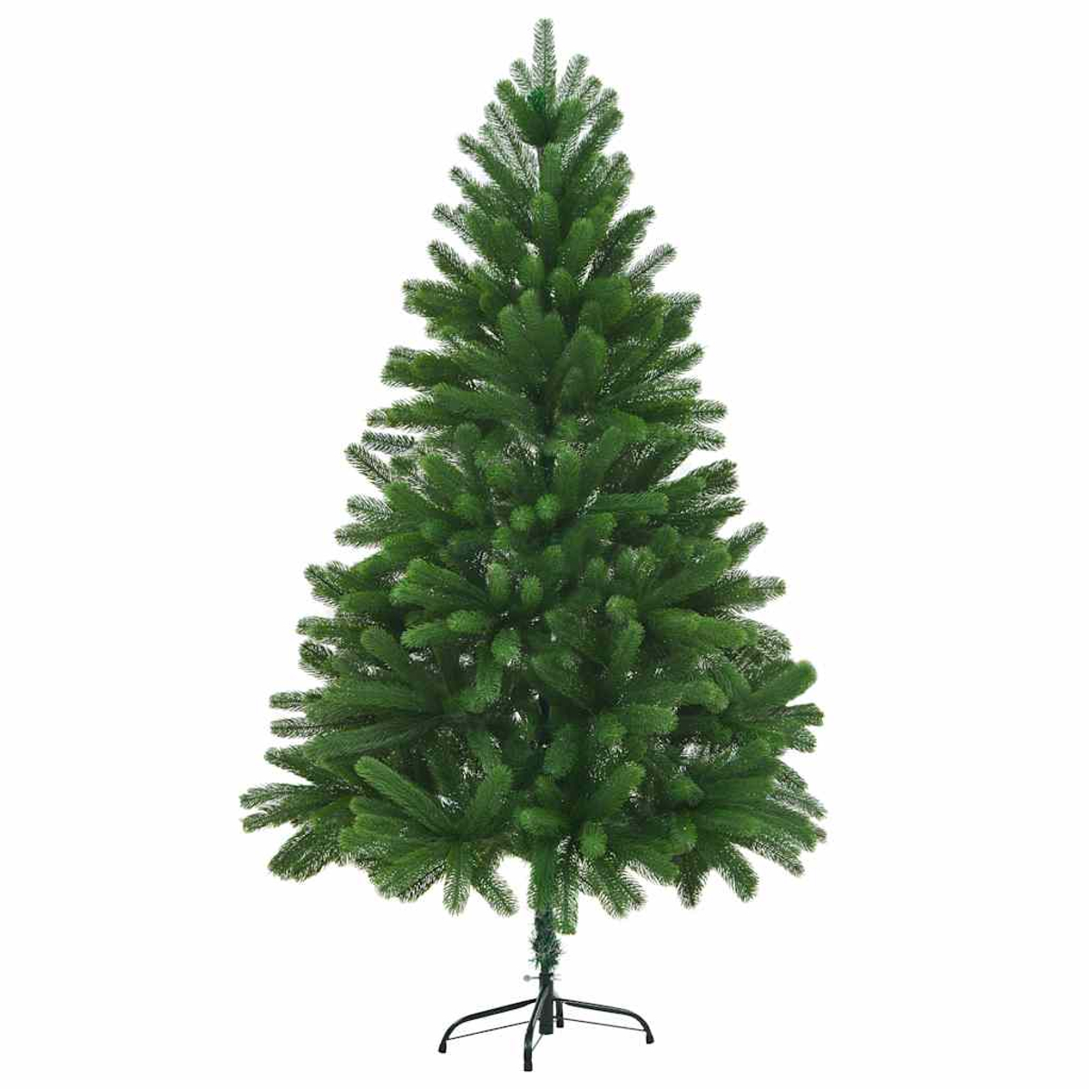Ein grüner künstlicher Weihnachtsbaum steht auf einem schwarzen Metallsockel vor weißem Hintergrund. Der Baum ist voll und konisch.