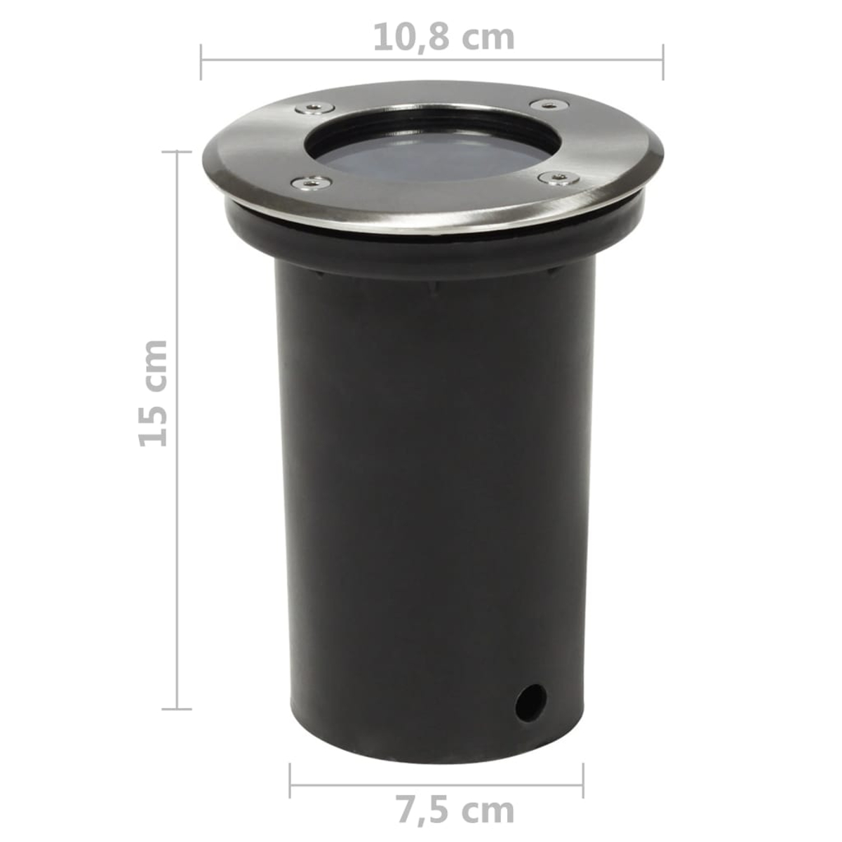 Apparecchio di illuminazione cilindrico nero per esterni con parte superiore in acciaio inossidabile. Dimensioni: 10,8 cm, altezza 15 cm, diametro 7,5 cm.