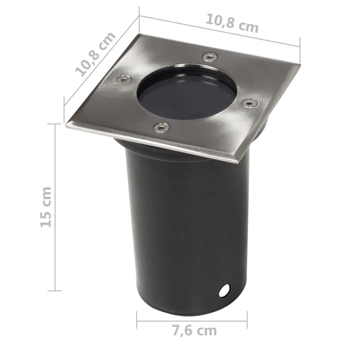 Un apparecchio di illuminazione per esterni nero e argento. Ha una parte superiore quadrata argentata e una base cilindrica nera. Le dimensioni sono indicate.