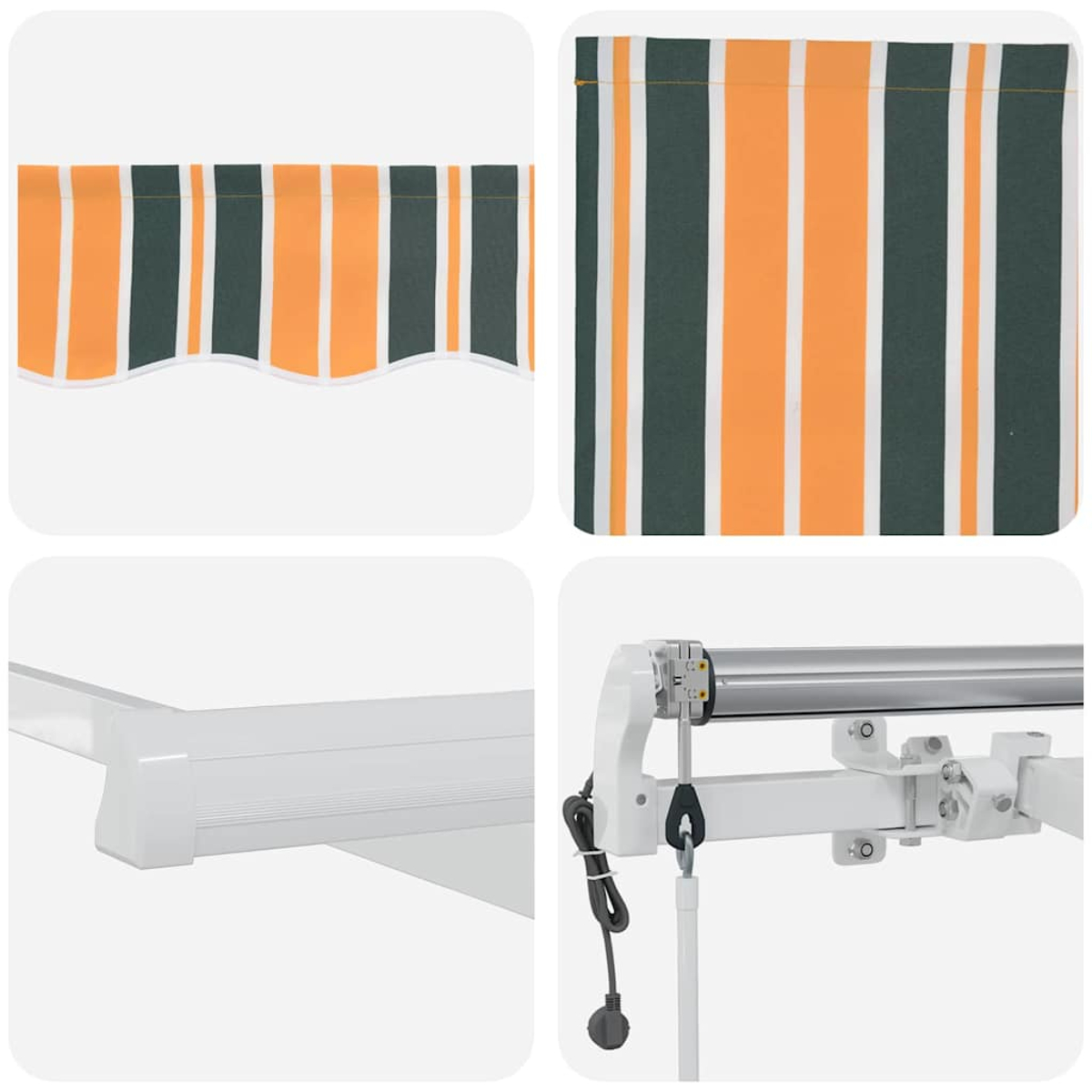 Das Bild zeigt Details einer Markise. Sie hat grüne, orange und weiße Streifen. Zu den Komponenten gehören eine weiße Metallstruktur und ein Steuerkabel.