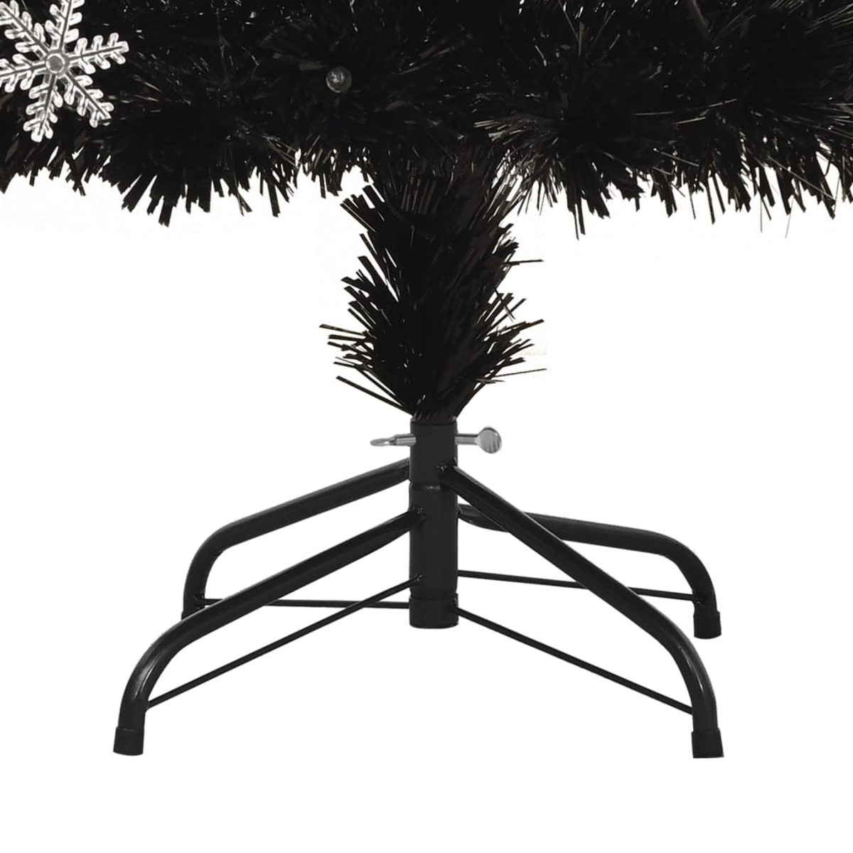 Ein schwarzer Weihnachtsbaum mit einem Schneeflockenornament. Der Baum steht auf einem schwarzen Metallständer. Der Hintergrund ist weiß.