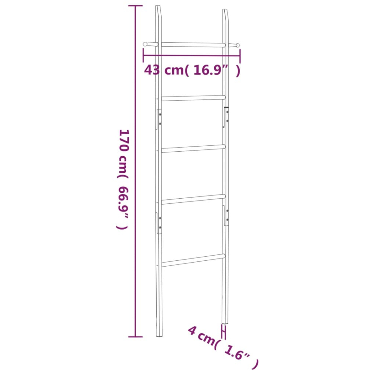 Diagramma di una struttura a scala. È alta 170 cm, larga 43 cm e spessa 4 cm. Le misure sono in centimetri e pollici.