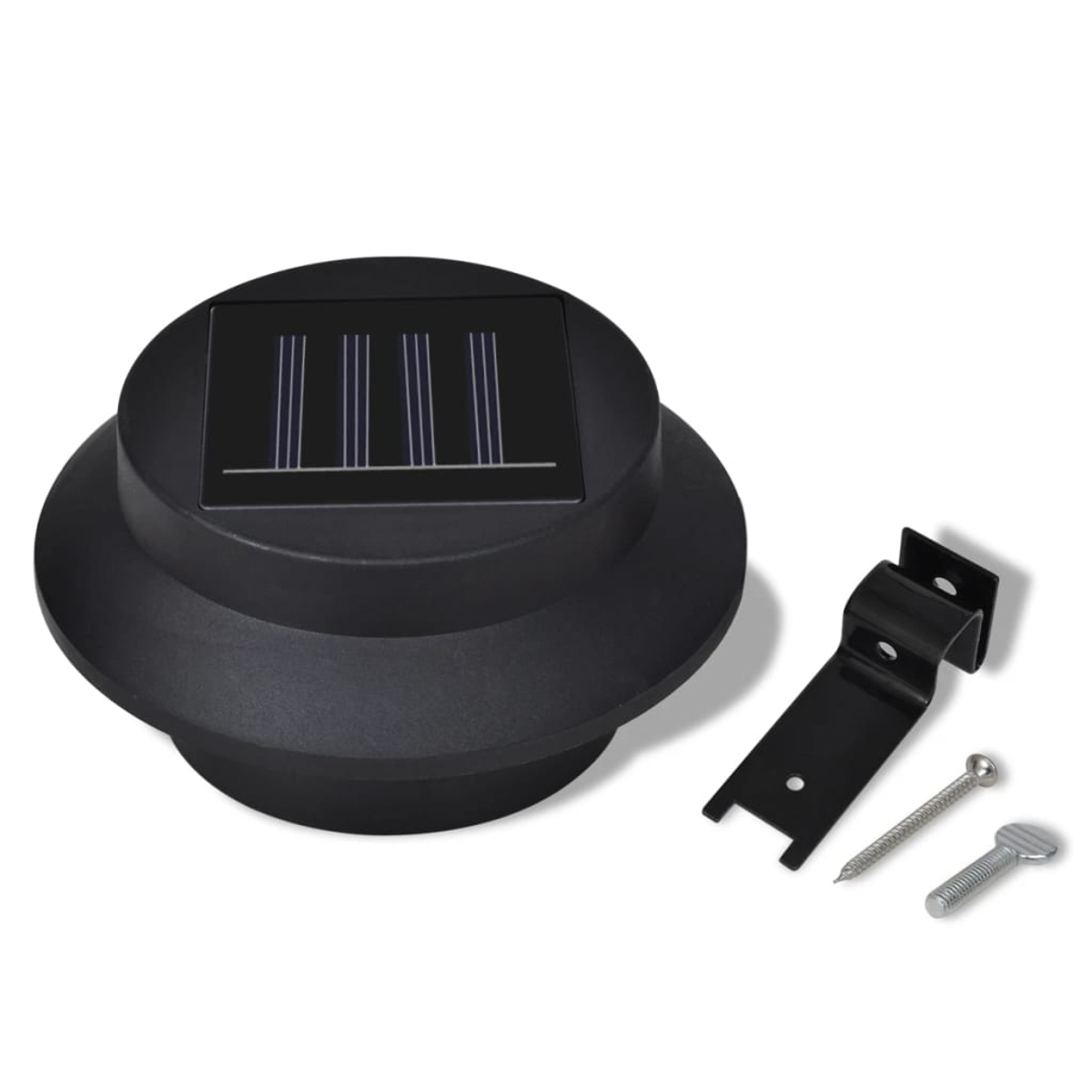 Lampada solare nera con pannello solare, staffa di montaggio, viti su sfondo bianco. La lampada è rotonda.