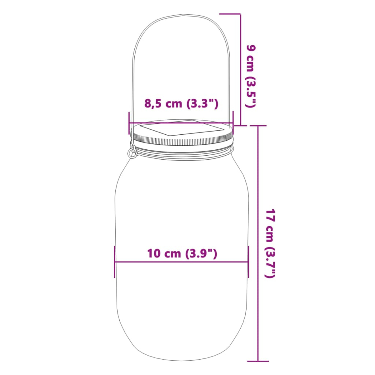 Un barattolo trasparente con coperchio e manico in metallo, etichettato con dimensioni in cm e pollici: altezza 17cm, larghezza 10cm, larghezza manico 8,5cm, altezza manico 9cm.