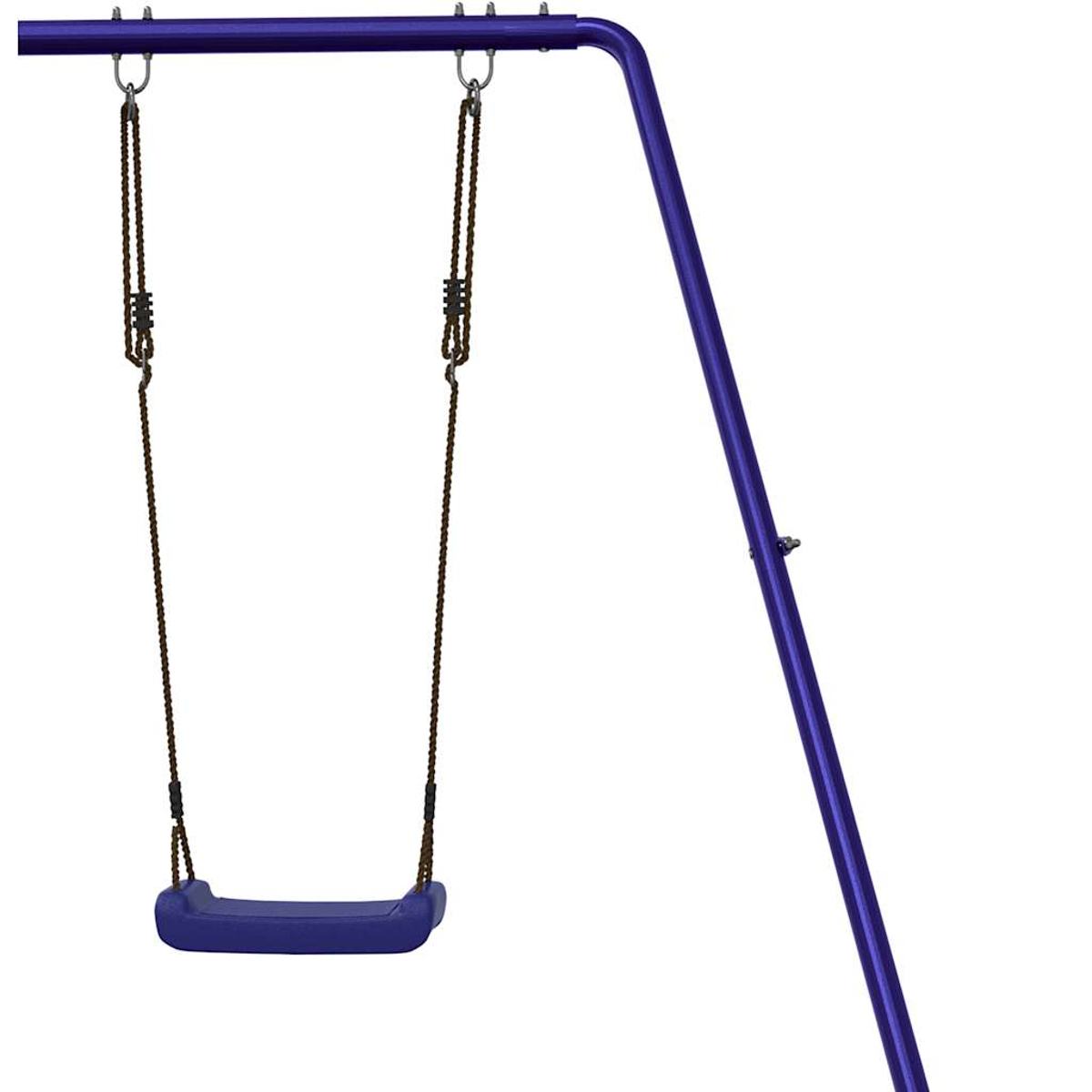 Ein lilafarbenes Schaukelgerüst mit einem blauen Schaukelsitz. Braune Seile hängen vom lilafarbenen Rahmen. Der Hintergrund ist weiß.