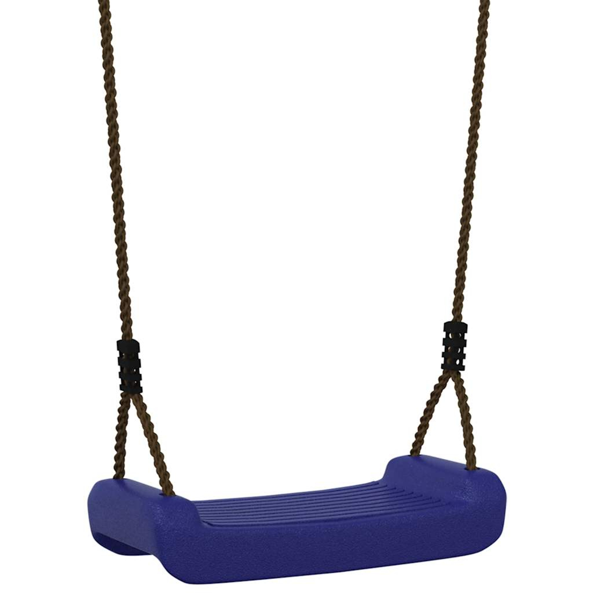 Eine blaue Schaukel hängt an braunen Seilen vor weißem Hintergrund. Der Schaukelsitz ist ein abgerundetes Rechteck.