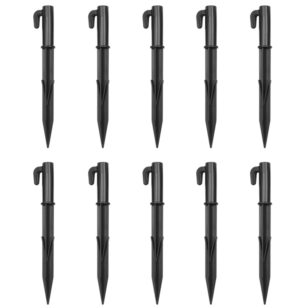 Zehn schwarze Kunststoff-Gartenstecker in zwei Reihen angeordnet. Jeder Stecker hat einen Haken oben und ein spitzes Ende zum Einsetzen.
